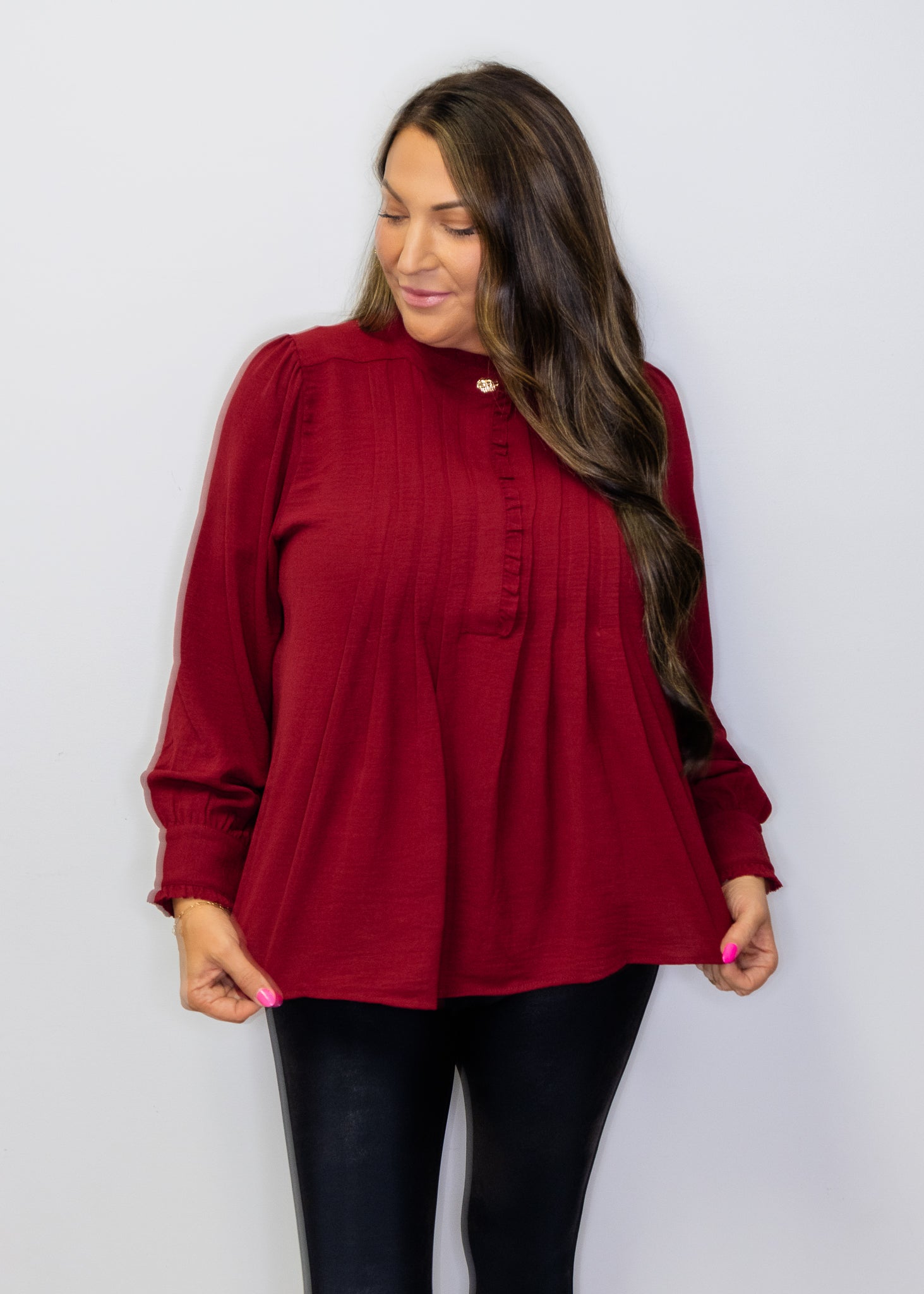 Burgundy Front Pleat Long Sleeve Blouse