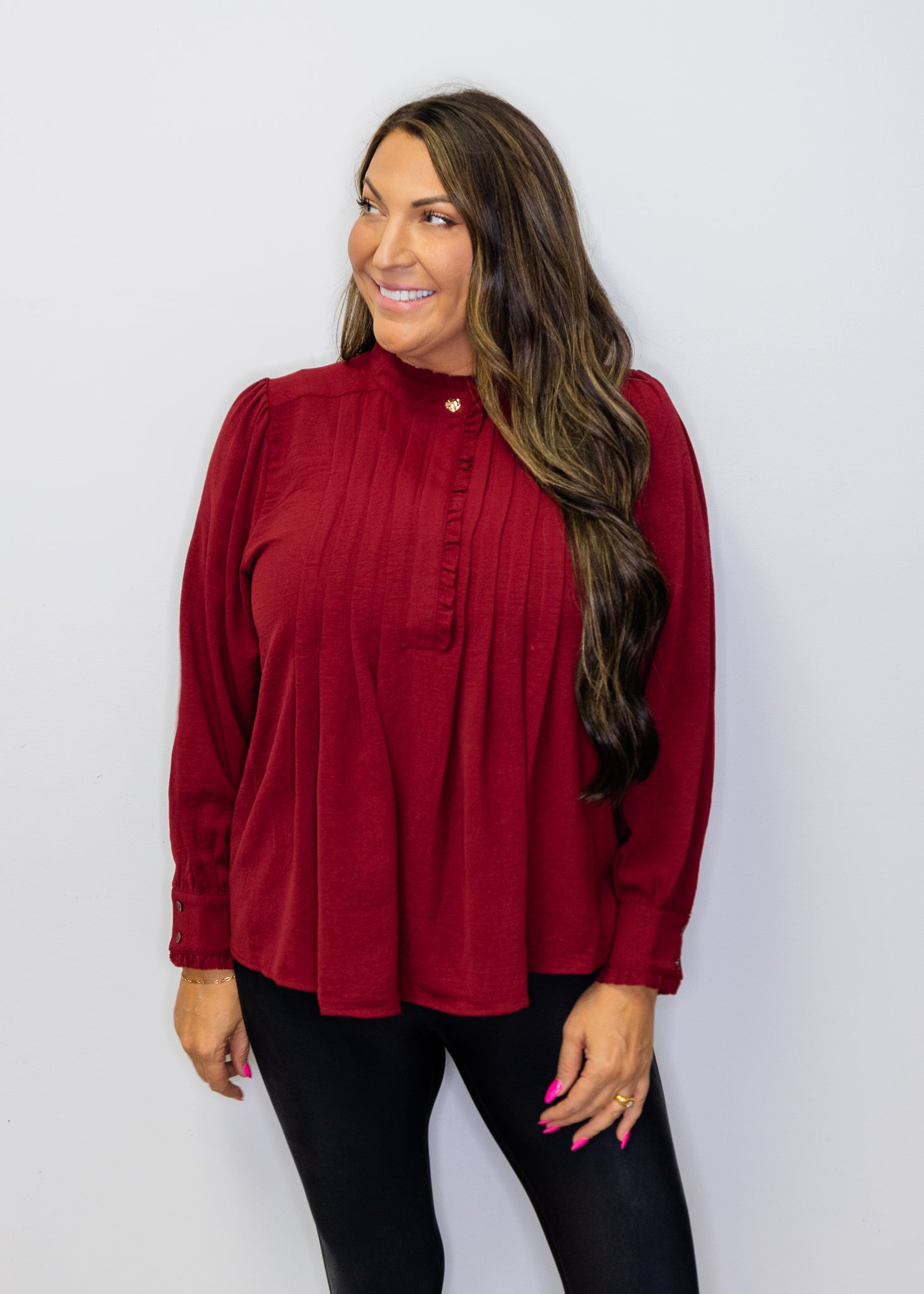 Burgundy Front Pleat Long Sleeve Blouse