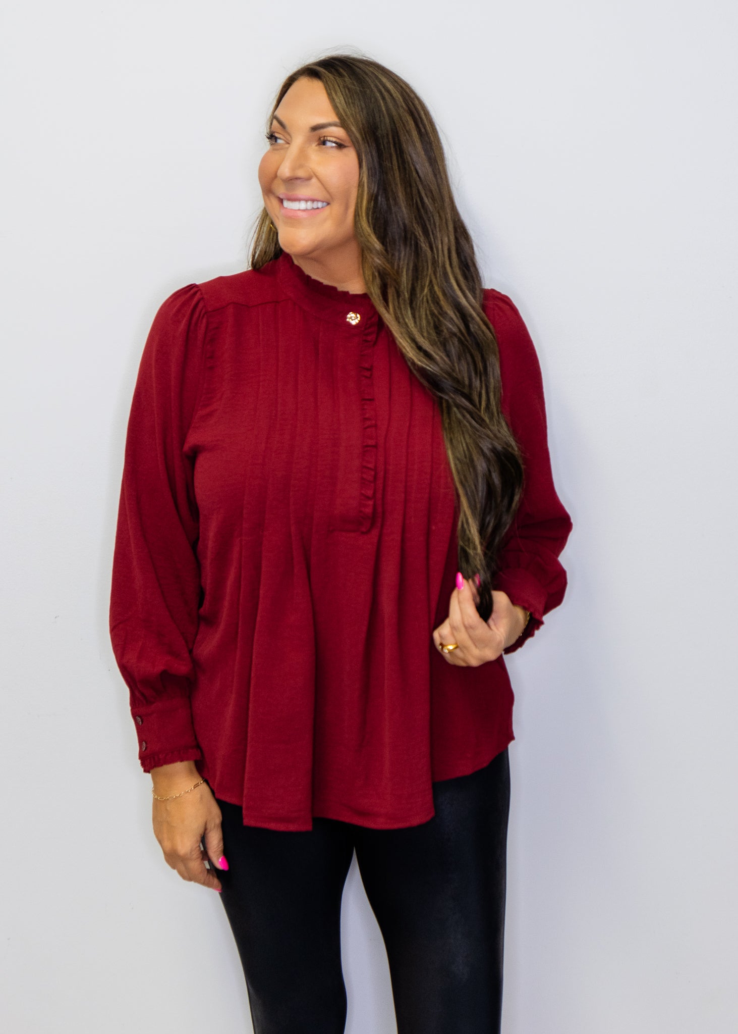Burgundy Front Pleat Long Sleeve Blouse