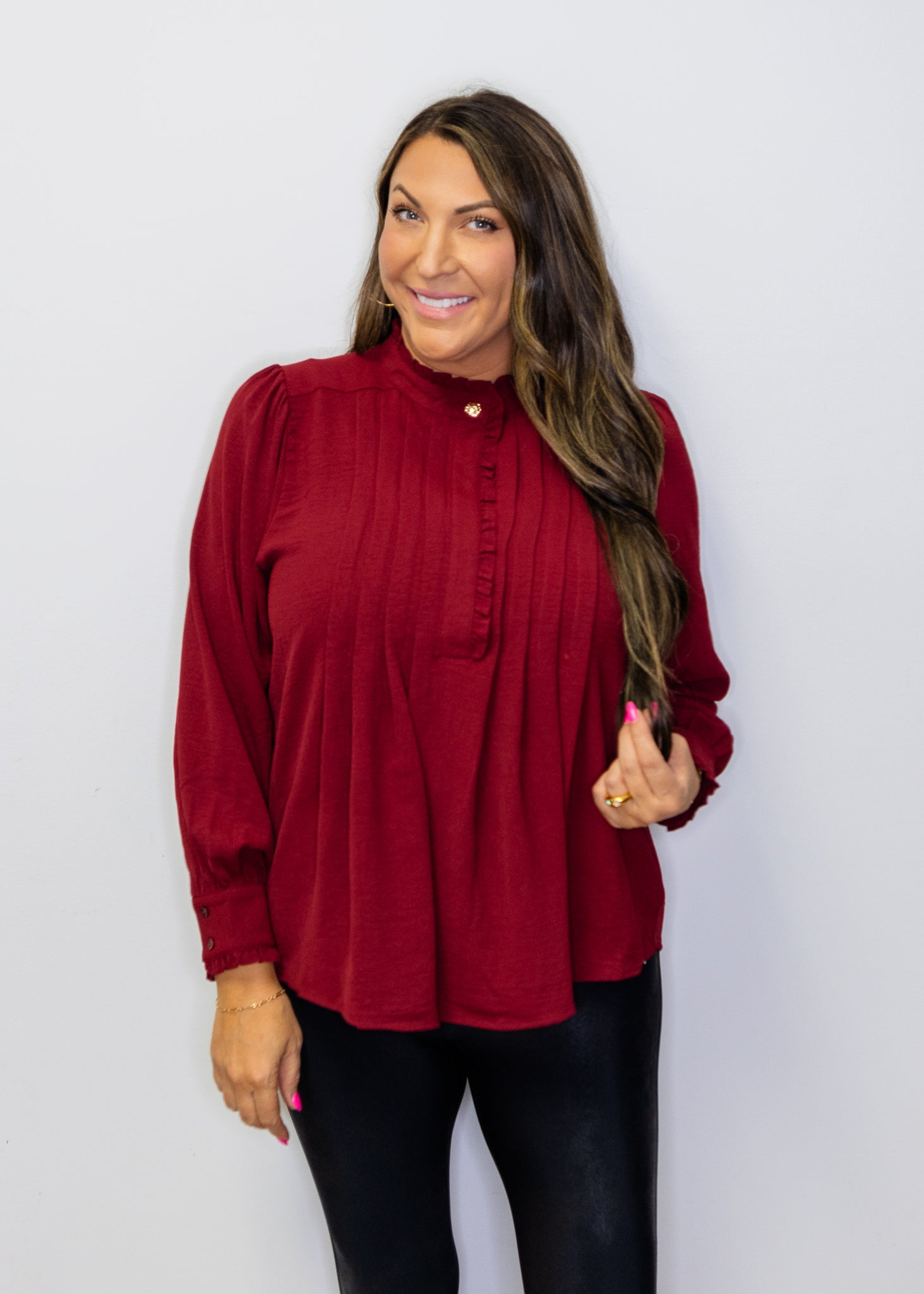 Burgundy Front Pleat Long Sleeve Blouse