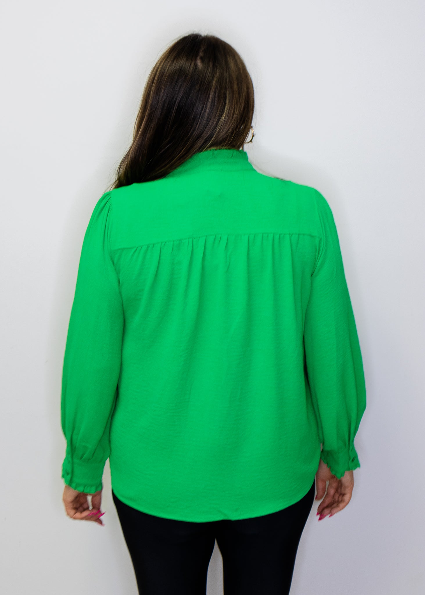 Kelly Green Front Pleat Long Sleeve Blouse