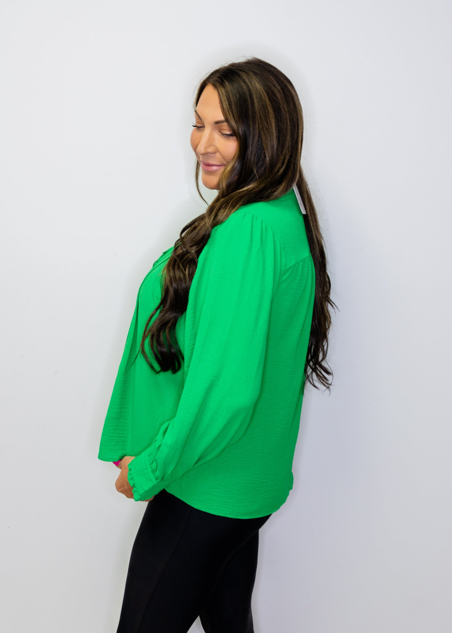 Kelly Green Front Pleat Long Sleeve Blouse