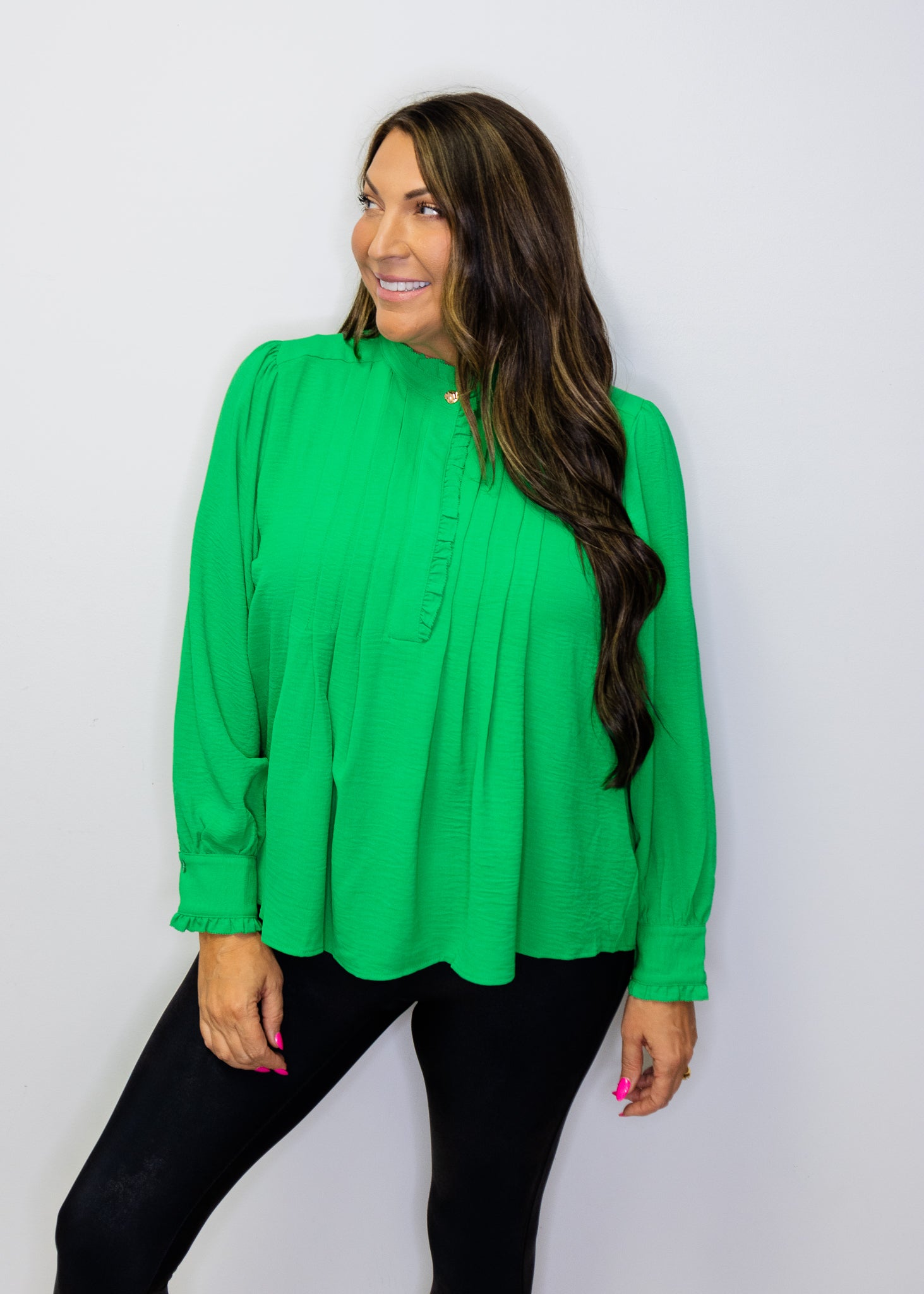 Kelly Green Front Pleat Long Sleeve Blouse