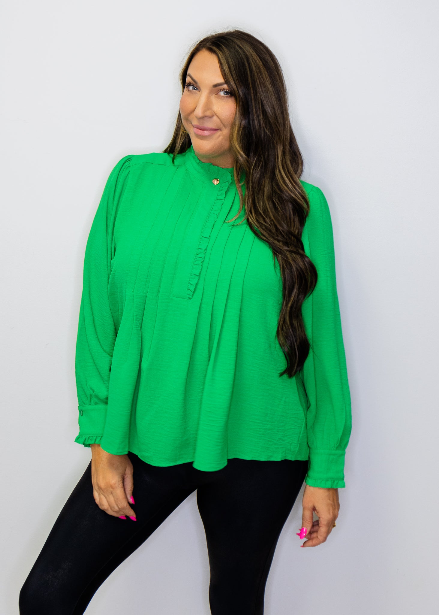 Kelly Green Front Pleat Long Sleeve Blouse