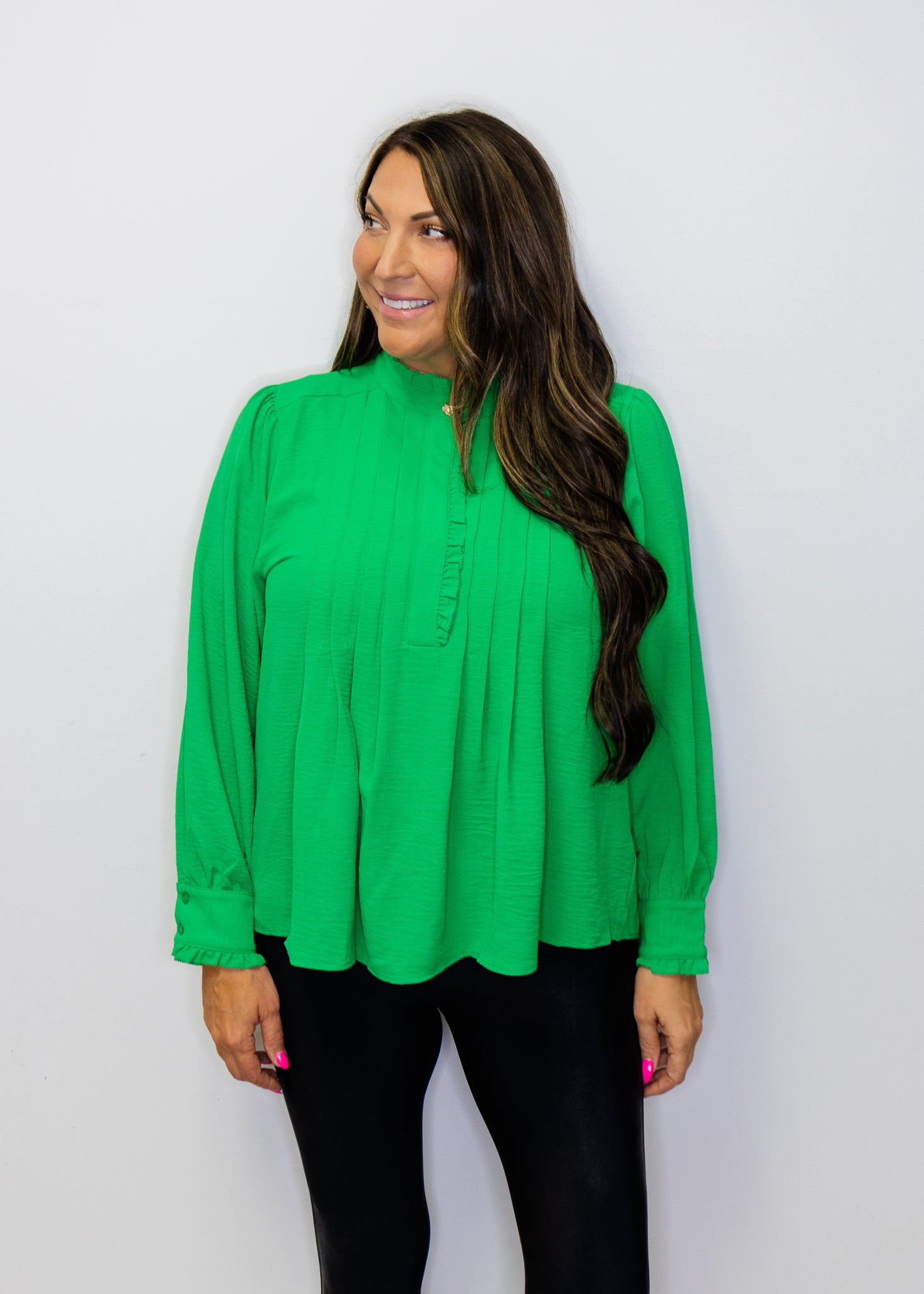 Kelly Green Front Pleat Long Sleeve Blouse