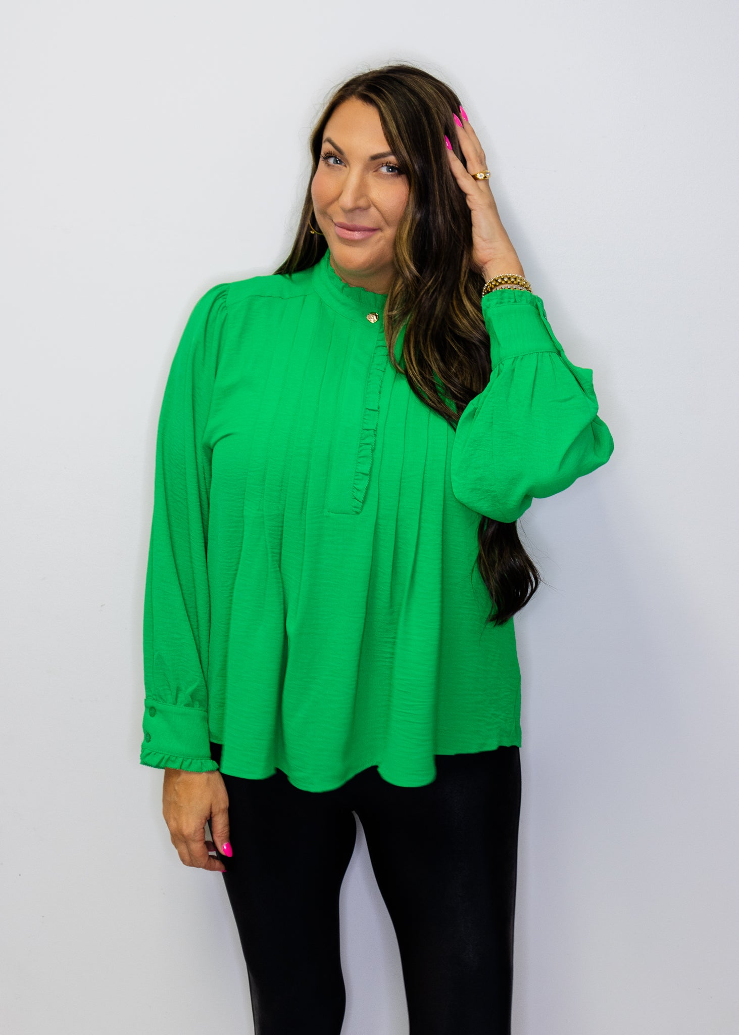 Kelly Green Front Pleat Long Sleeve Blouse