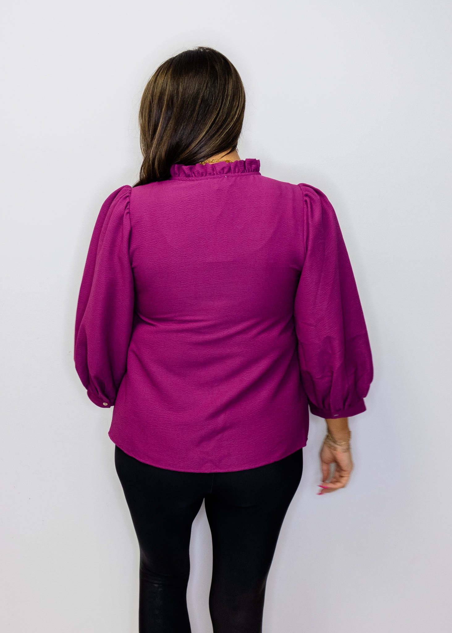 Mulberry Ruffled Neckline Solid Blouse