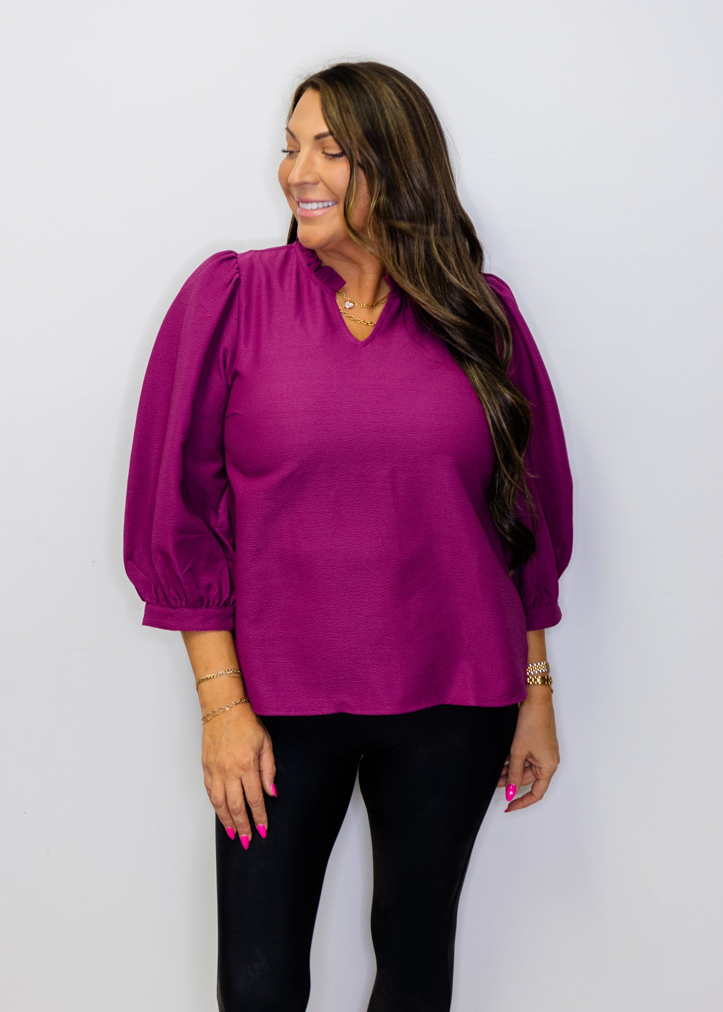 Mulberry Ruffled Neckline Solid Blouse