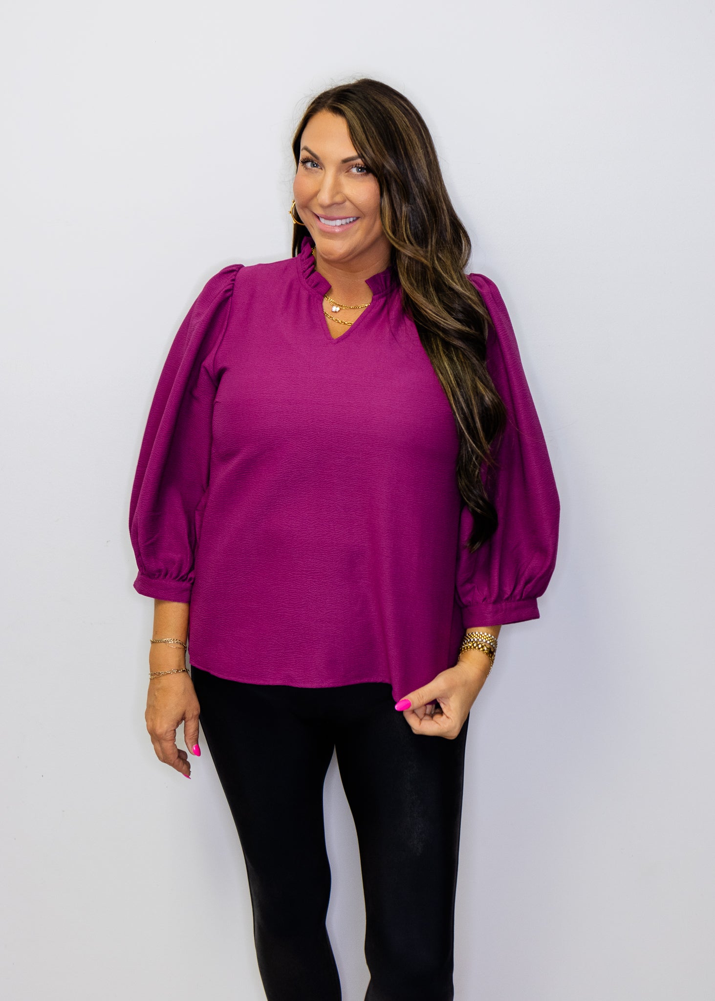 Mulberry Ruffled Neckline Solid Blouse