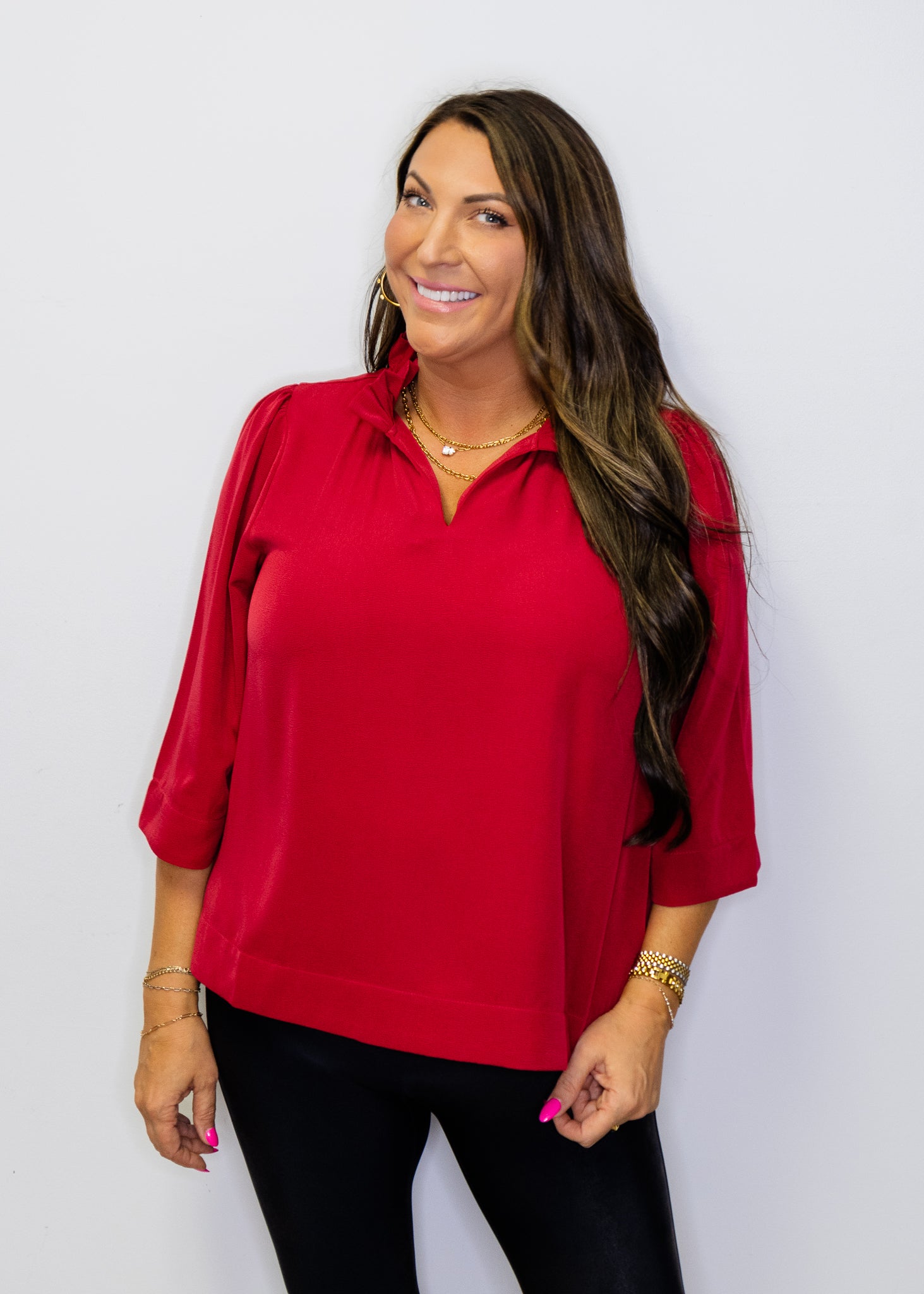 Burgundy Ruffled Neckline Solid Top
