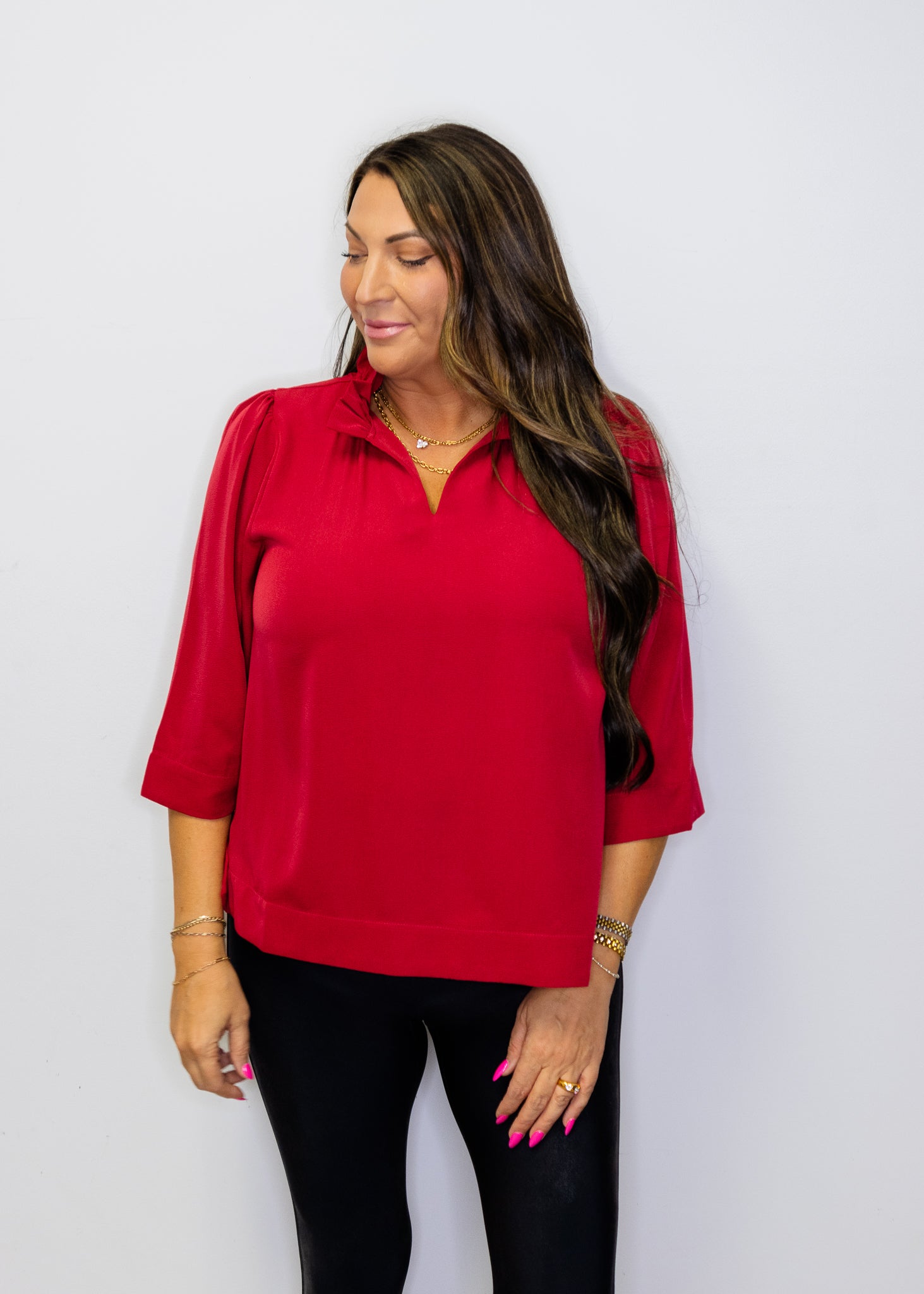 Burgundy Ruffled Neckline Solid Top