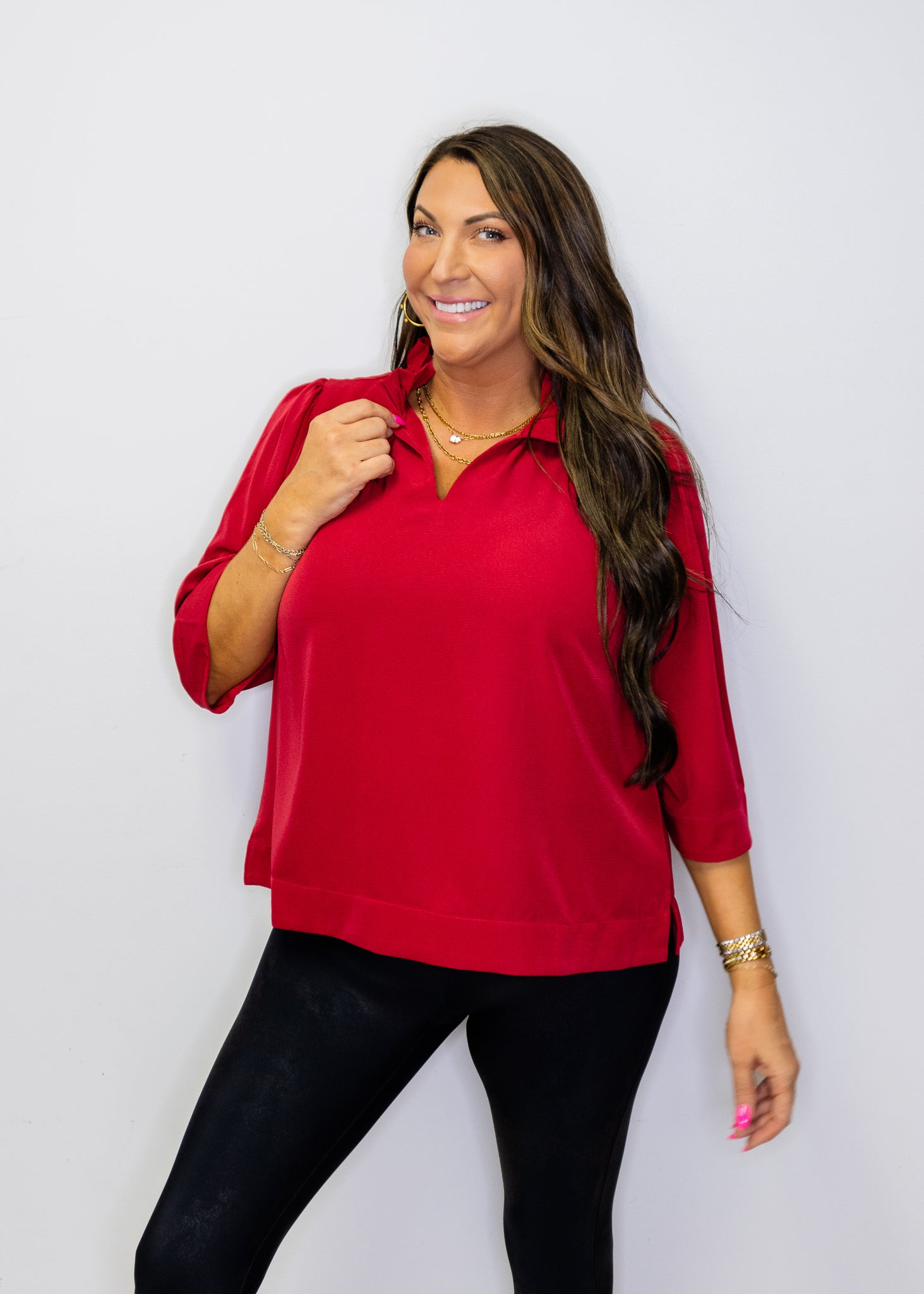 Burgundy Ruffled Neckline Solid Top