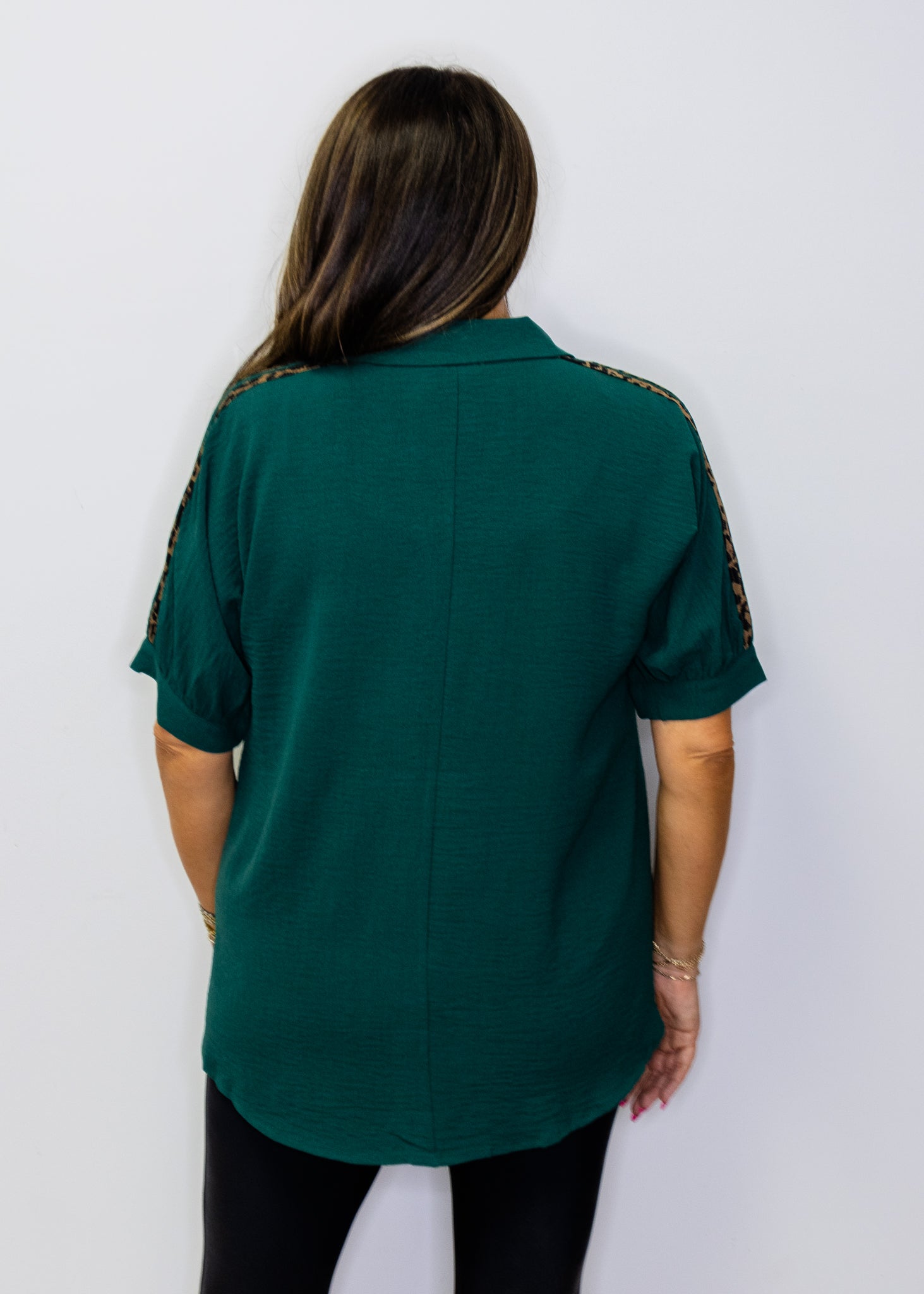 Hunter Green Leopard Contrast Shoulder Top