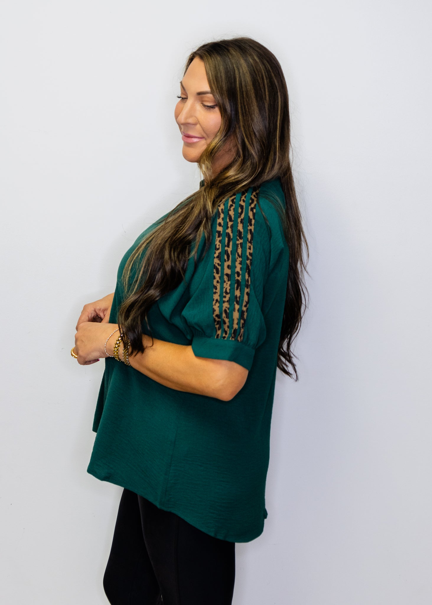 Hunter Green Leopard Contrast Shoulder Top