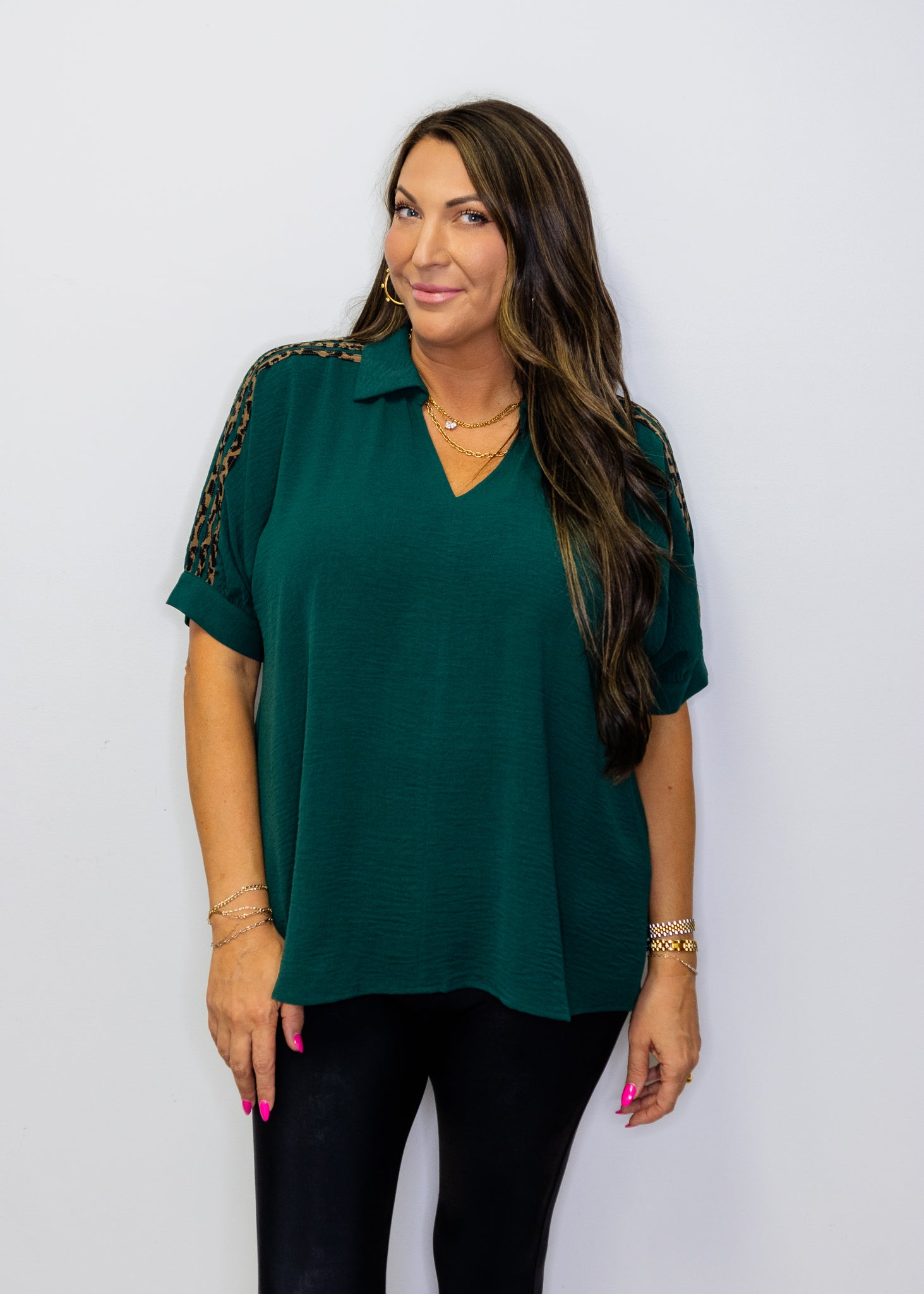 Hunter Green Leopard Contrast Shoulder Top