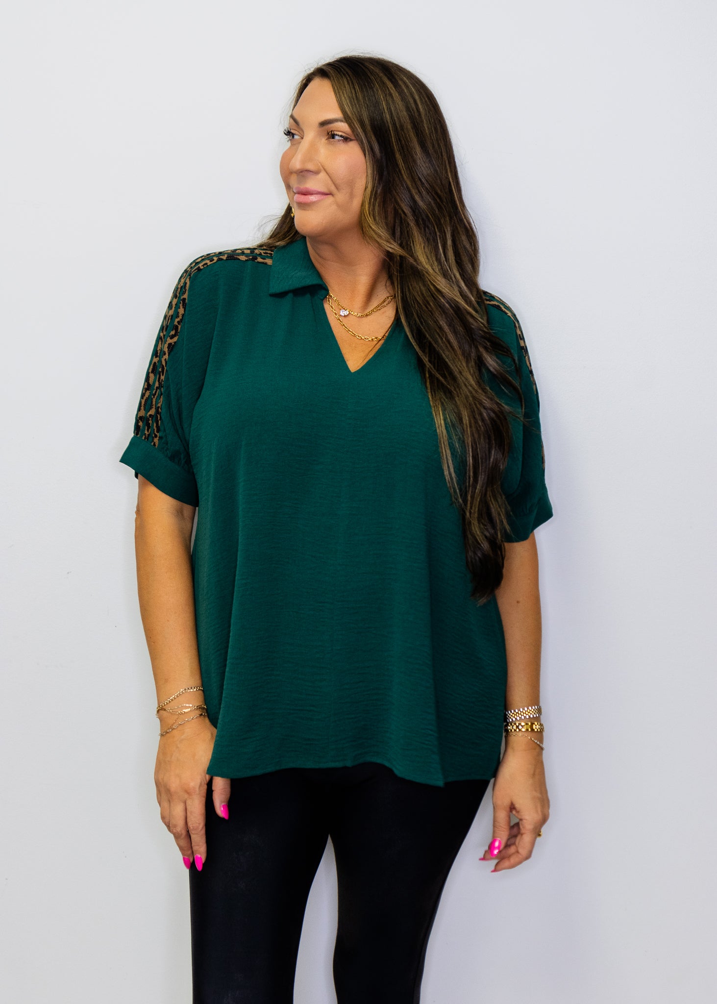 Hunter Green Leopard Contrast Shoulder Top