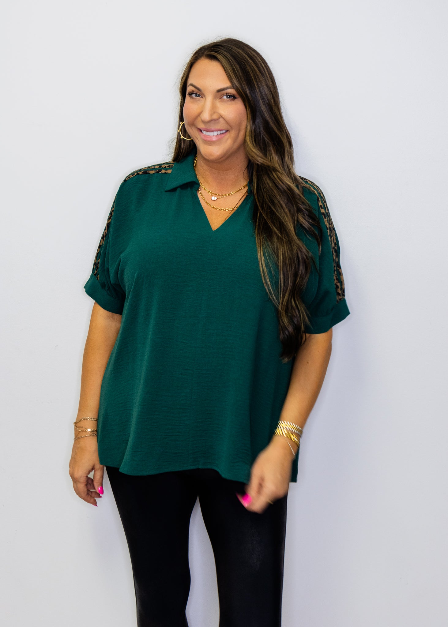 Hunter Green Leopard Contrast Shoulder Top