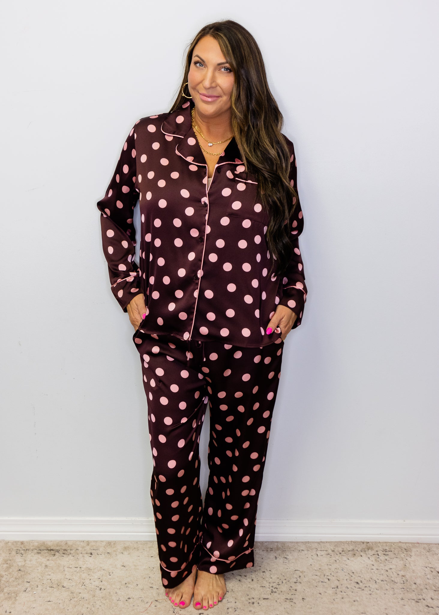 Burgundy Polka Dot Satin Pajama Set