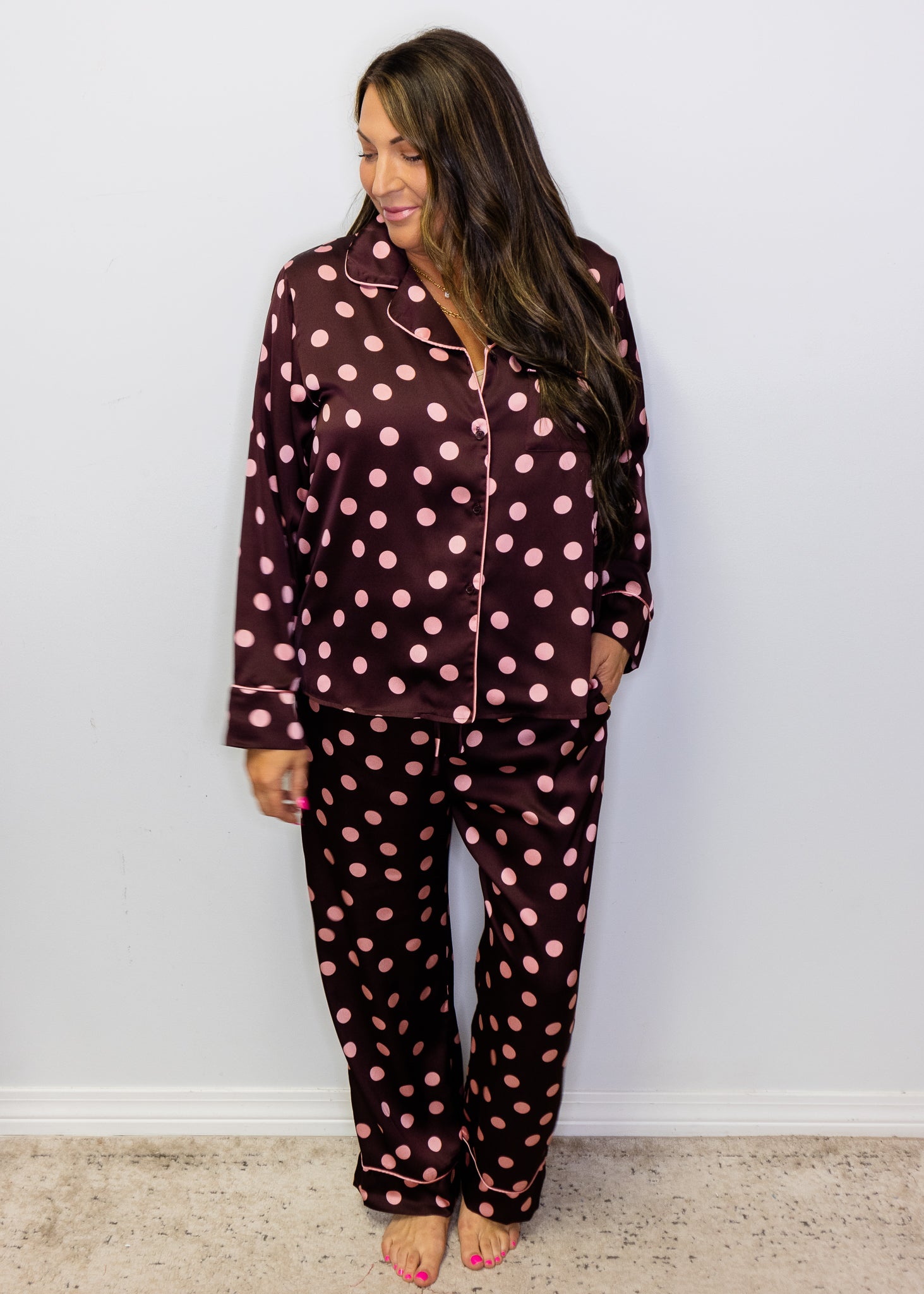 Burgundy Polka Dot Satin Pajama Set