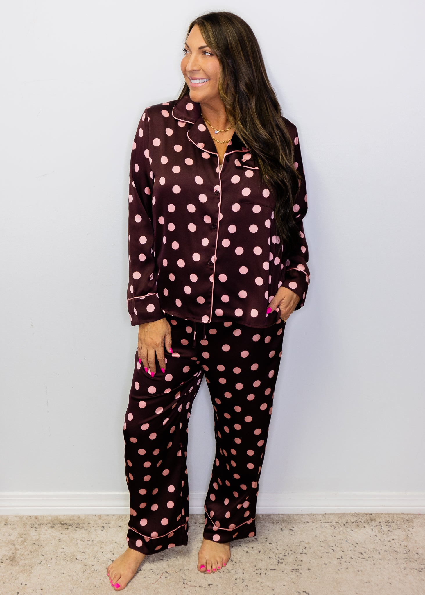 Burgundy Polka Dot Satin Pajama Set