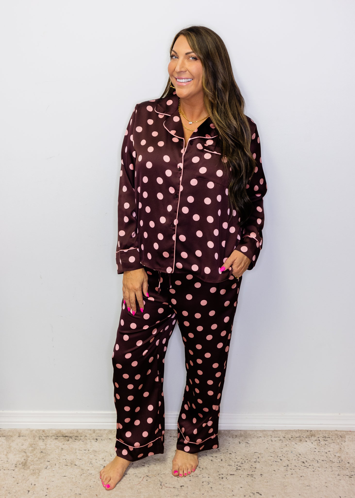 Burgundy Polka Dot Satin Pajama Set