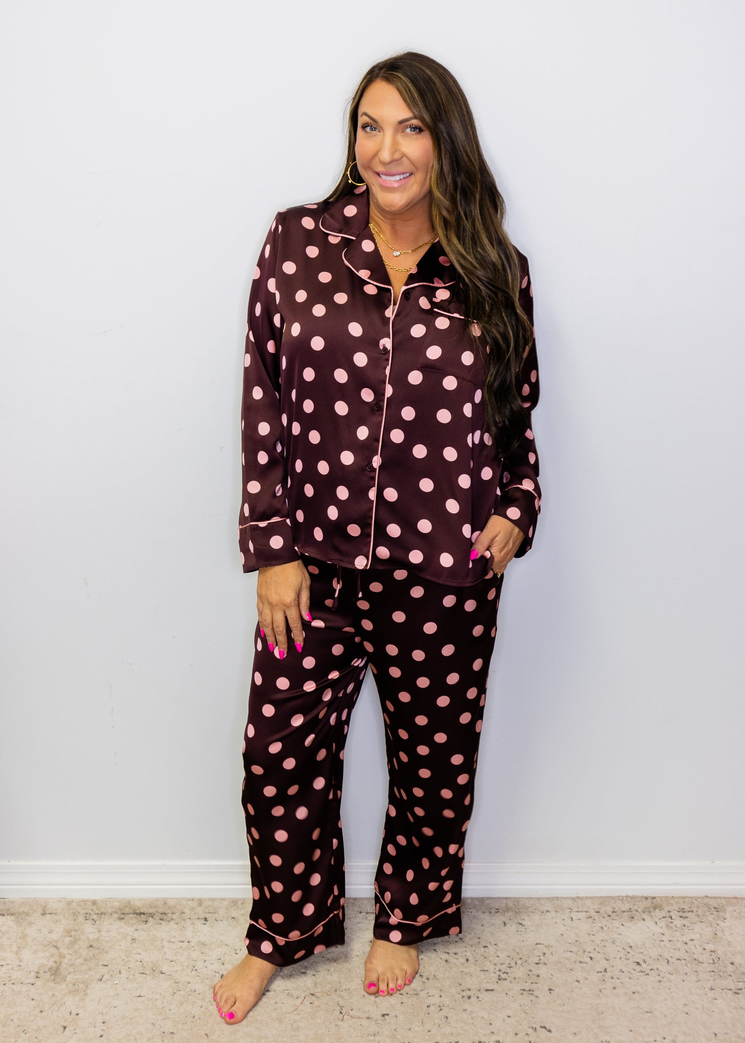 Burgundy Polka Dot Satin Pajama Set