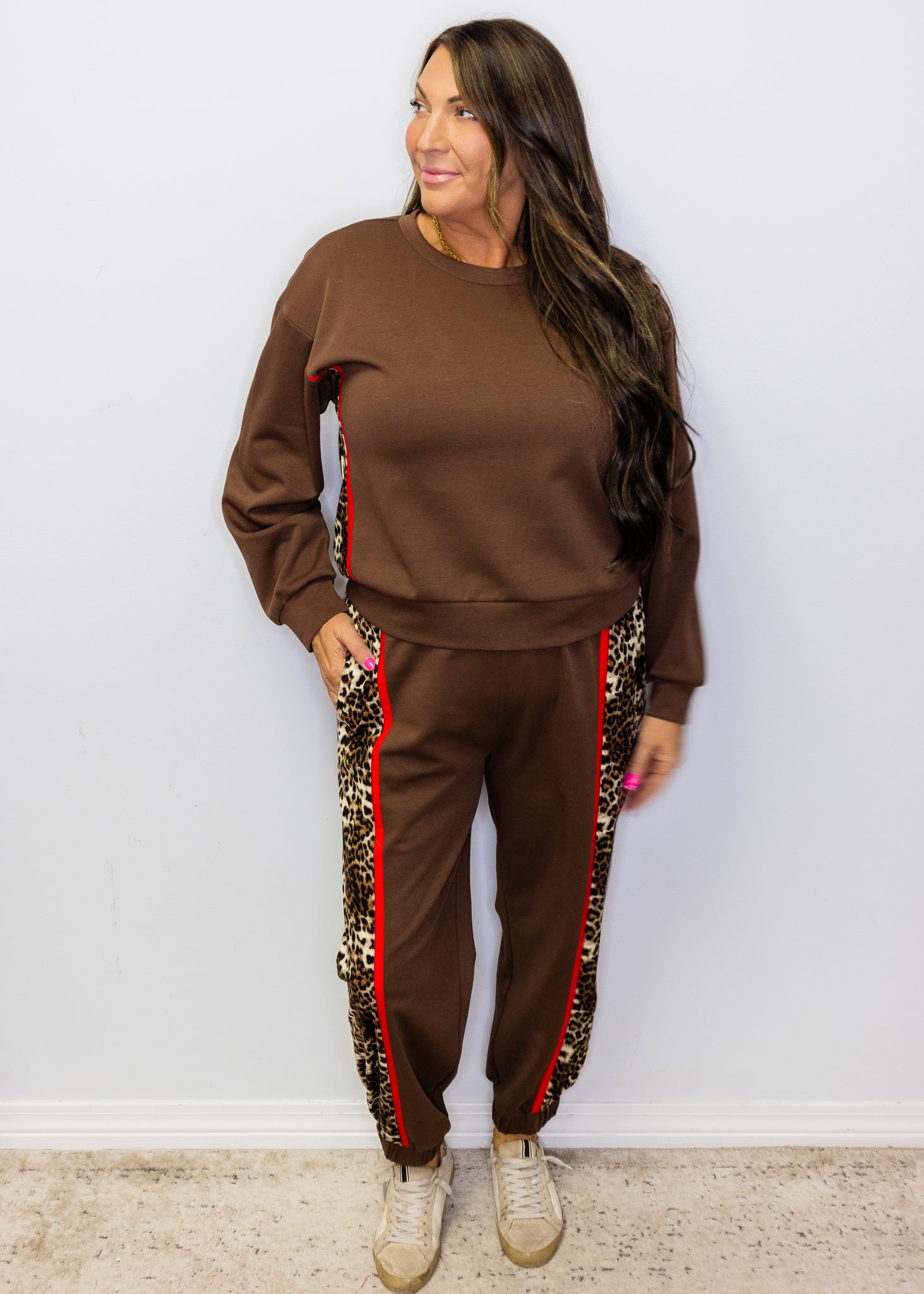 Brown Side Leopard Contrast Joggers
