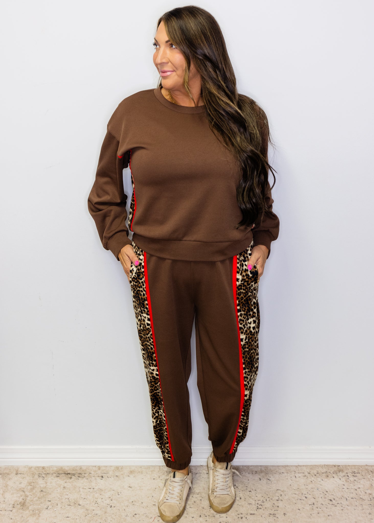 Brown Side Leopard Contrast Joggers