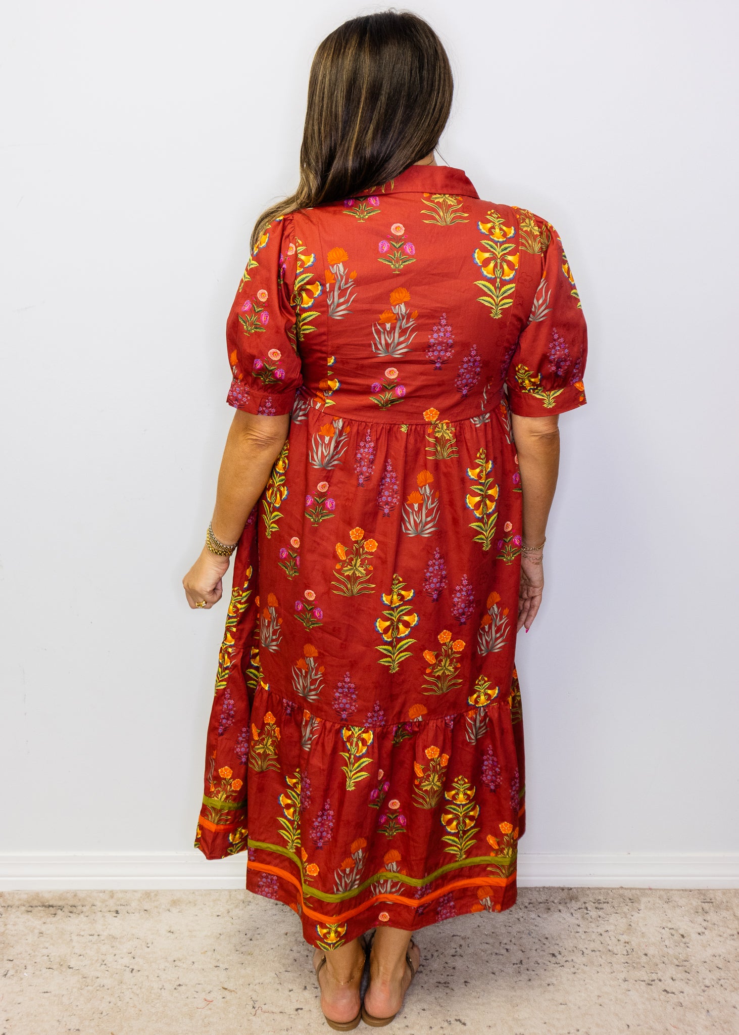 Burgundy Floral Contrast Tiered Midi Dress