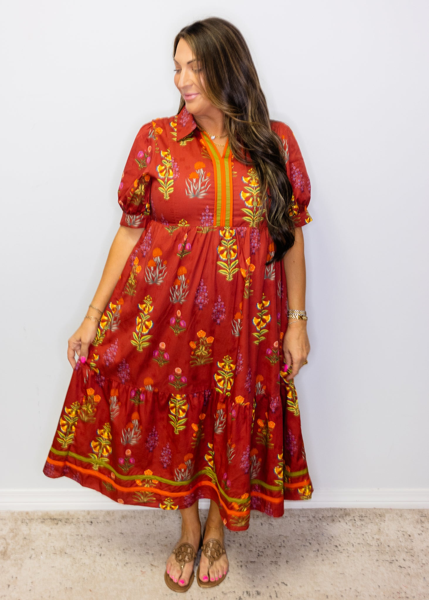 Burgundy Floral Contrast Tiered Midi Dress