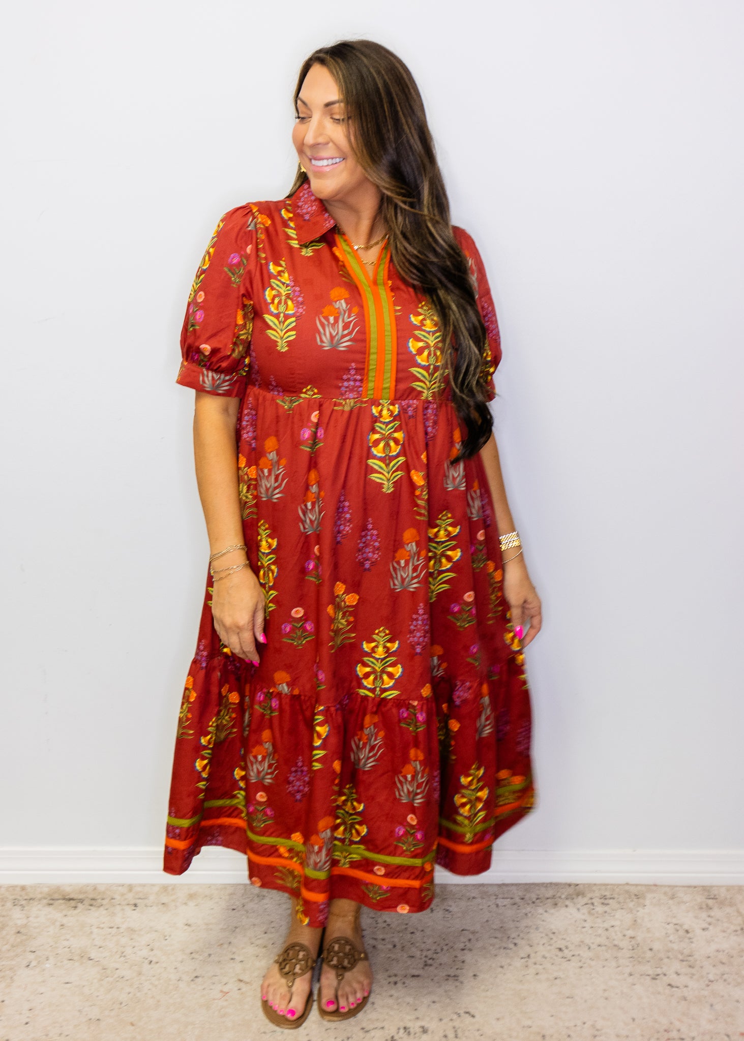 Burgundy Floral Contrast Tiered Midi Dress
