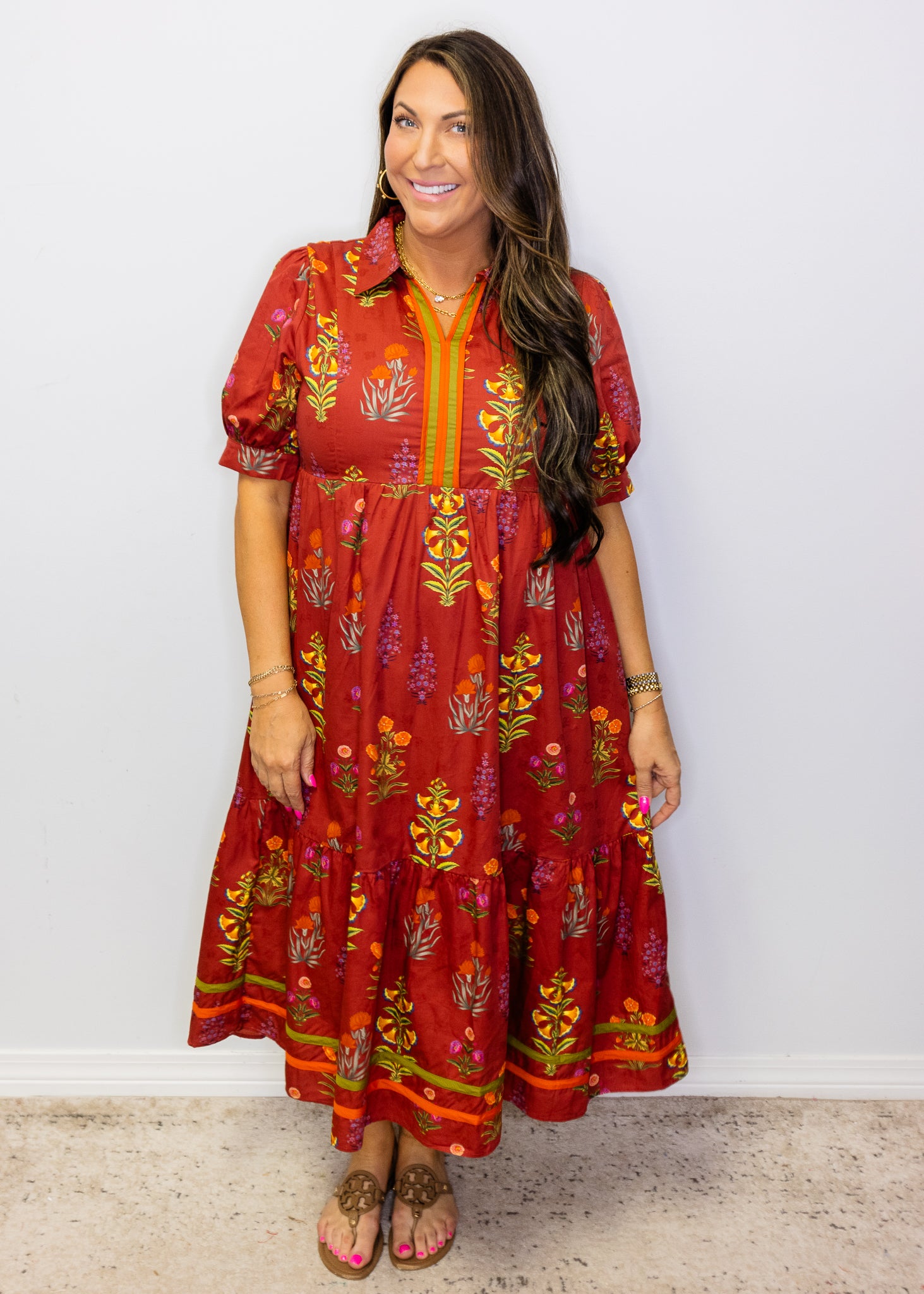 Burgundy Floral Contrast Tiered Midi Dress