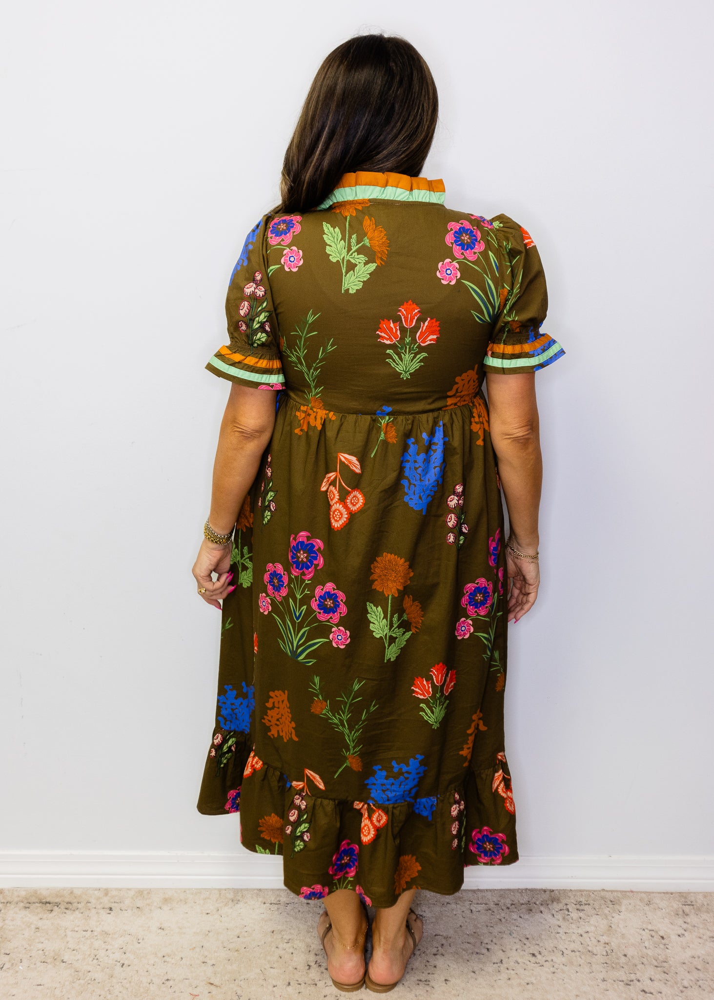 Brown Floral Contrast Accent Floral Midi Dress
