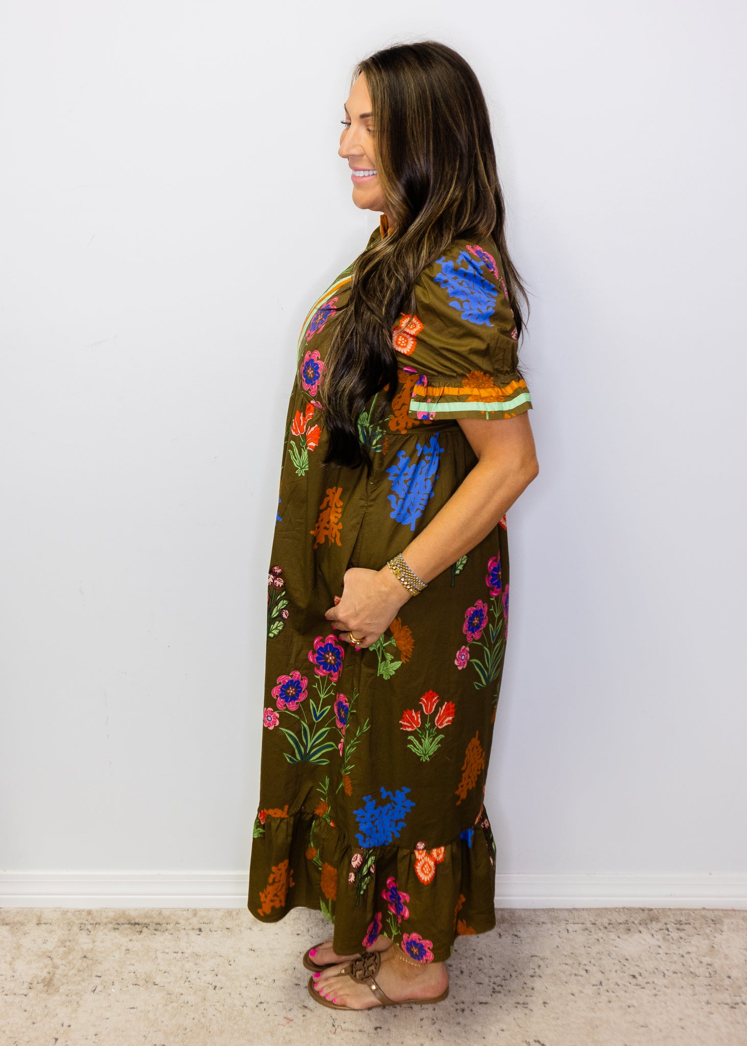 Brown Floral Contrast Accent Floral Midi Dress