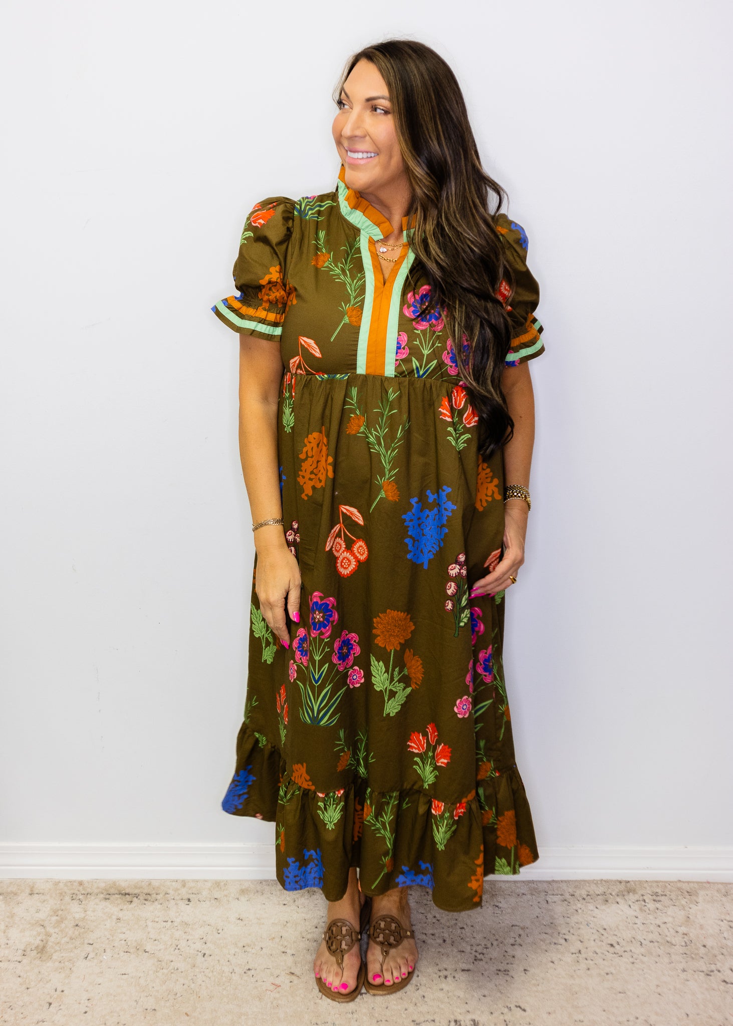 Brown Floral Contrast Accent Floral Midi Dress