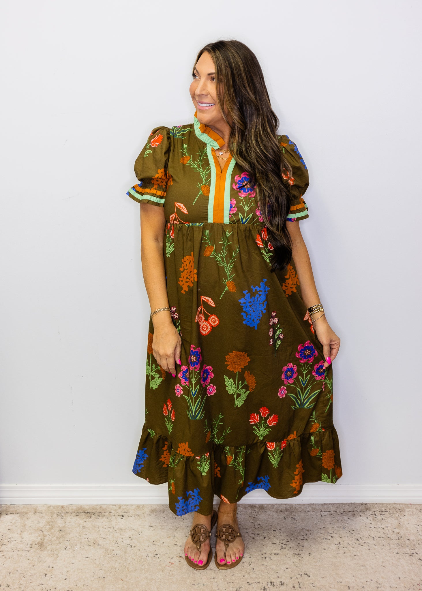Brown Floral Contrast Accent Floral Midi Dress