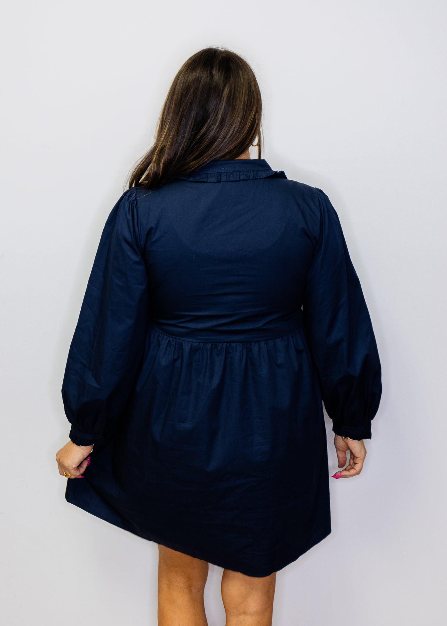 Navy Ruffle Button Down Solid Dress
