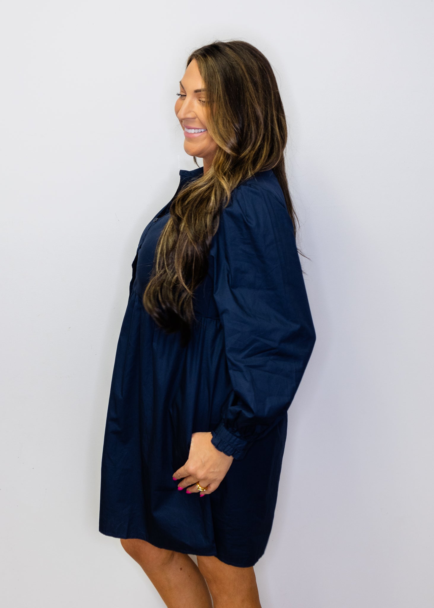 Navy Ruffle Button Down Solid Dress