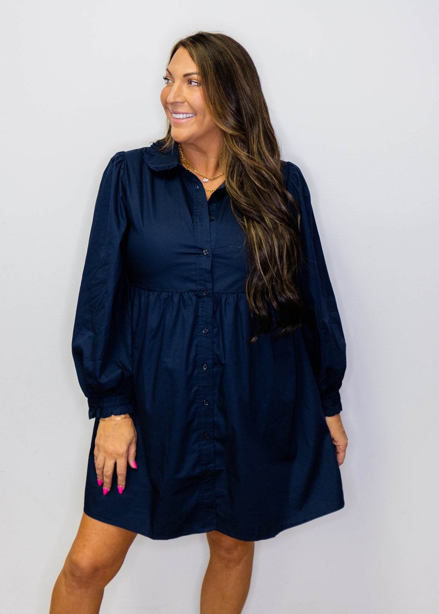 Navy Ruffle Button Down Solid Dress