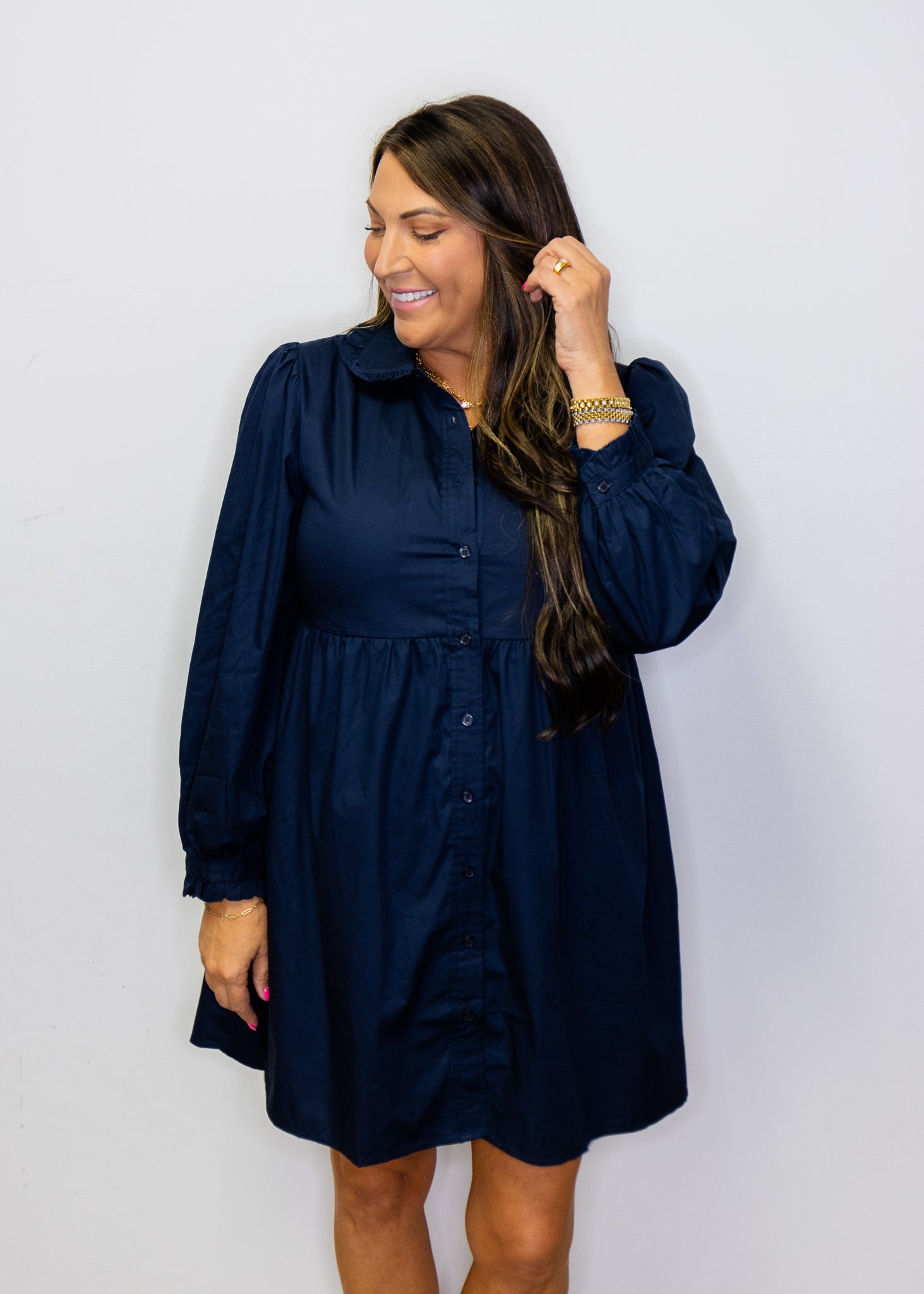 Navy Ruffle Button Down Solid Dress