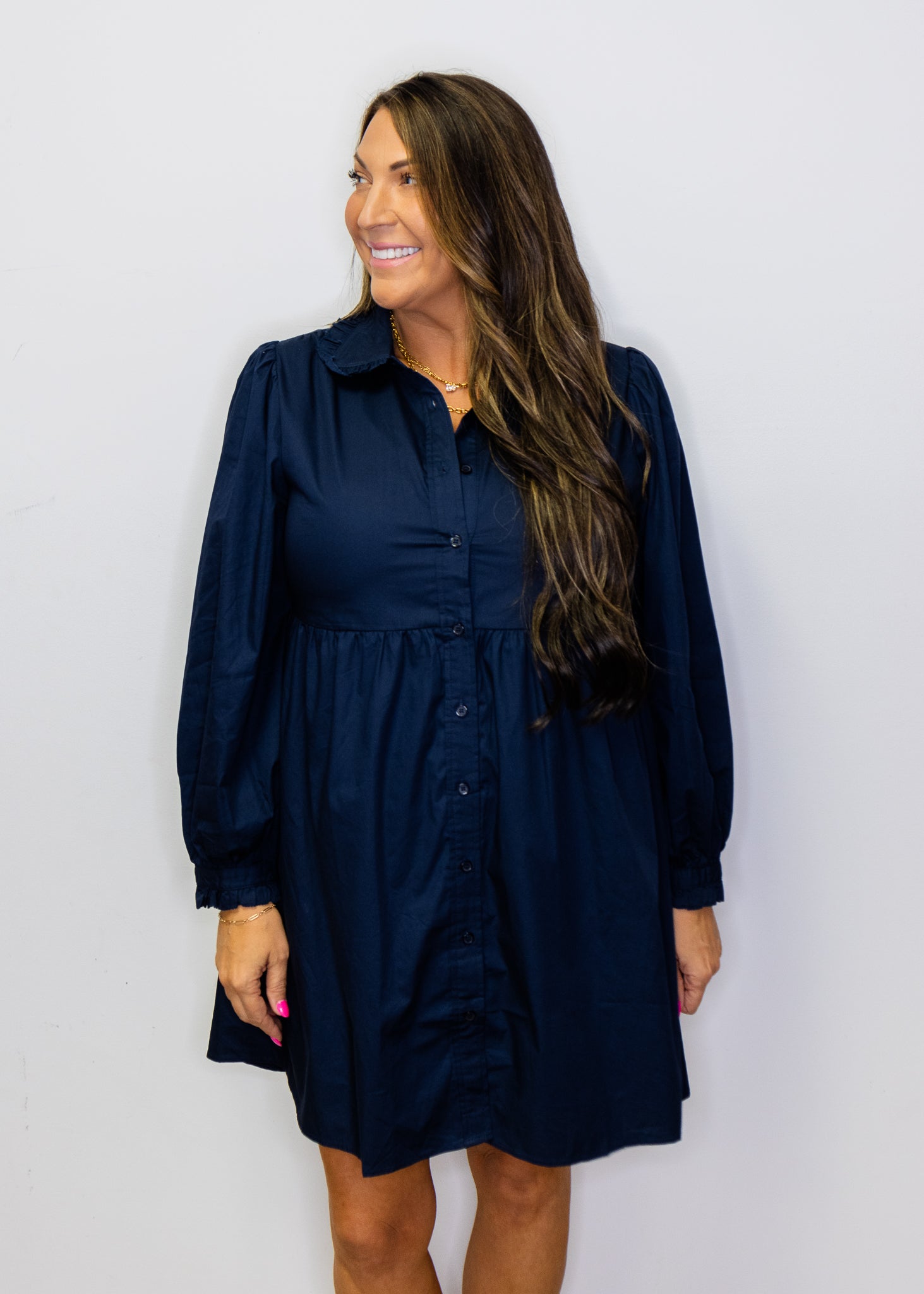 Navy Ruffle Button Down Solid Dress