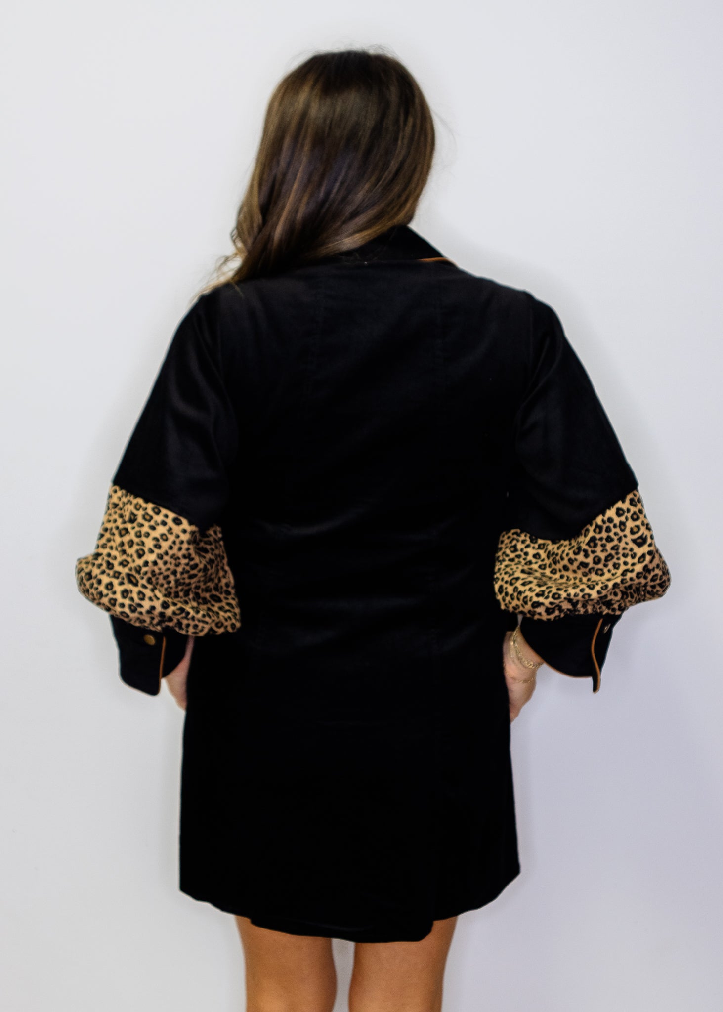 Black Leopard Contrast Corduroy Dress