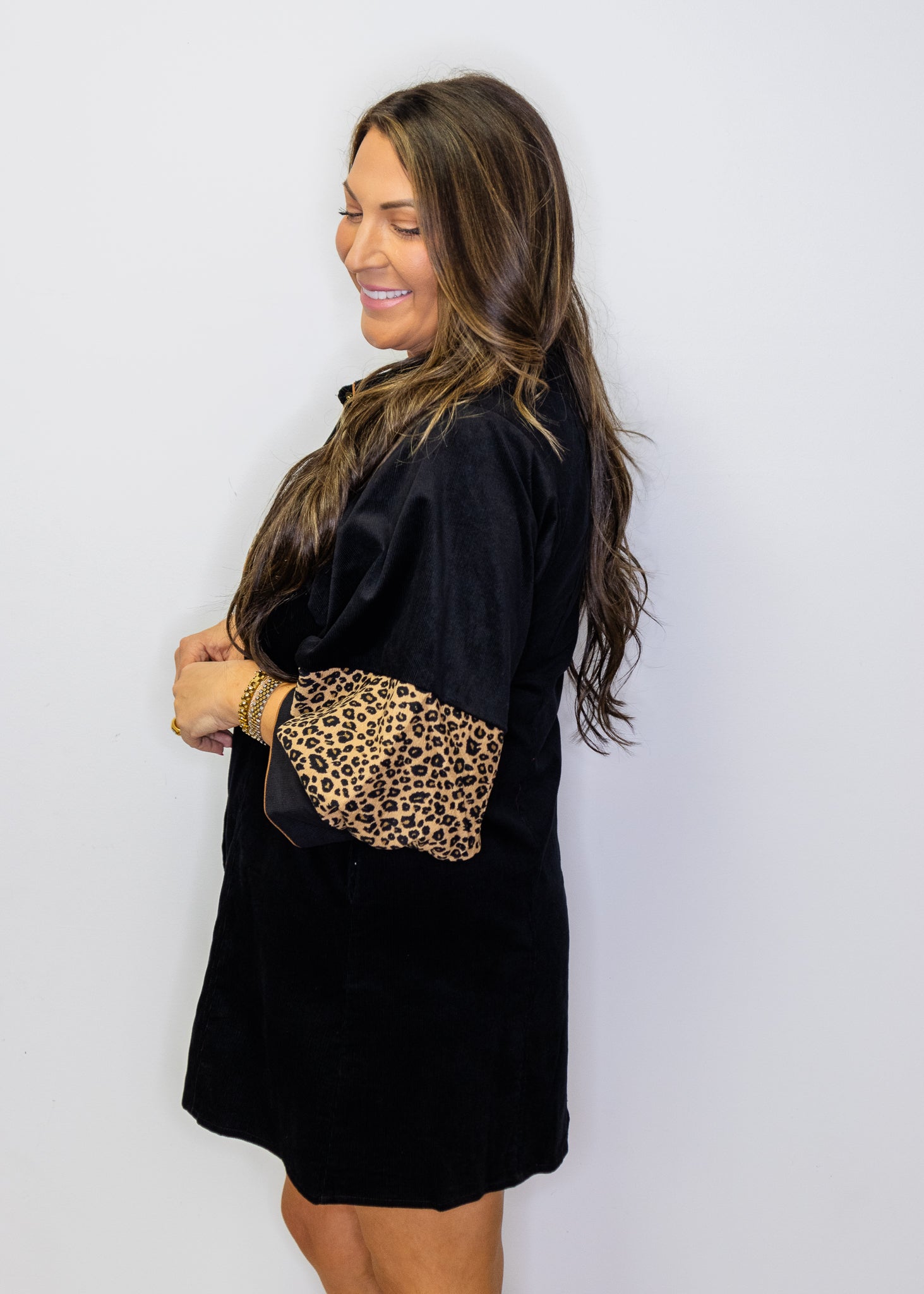 Black Leopard Contrast Corduroy Dress
