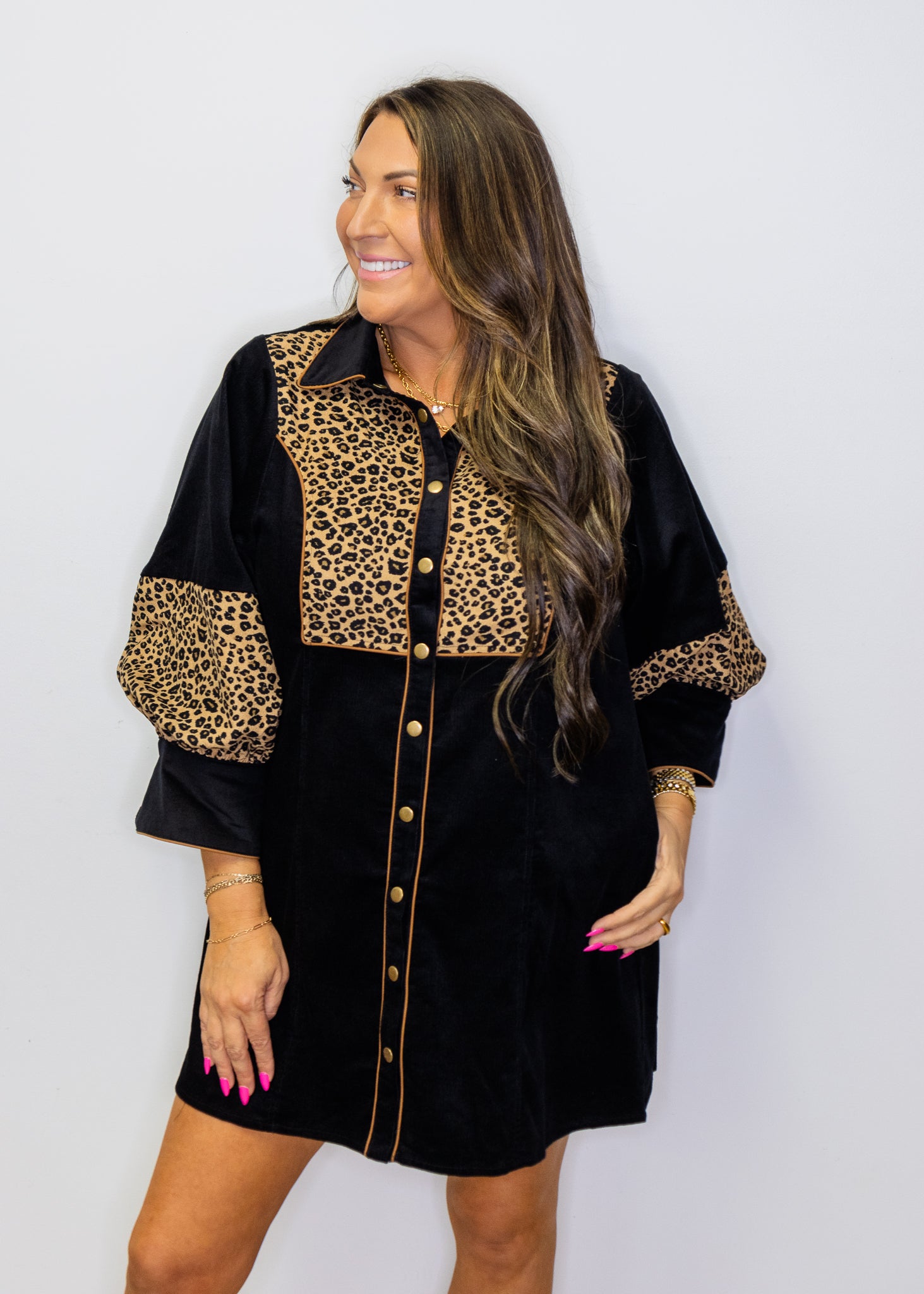 Black Leopard Contrast Corduroy Dress