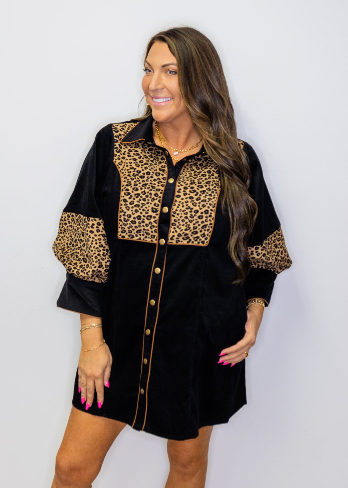 Black Leopard Contrast Corduroy Dress