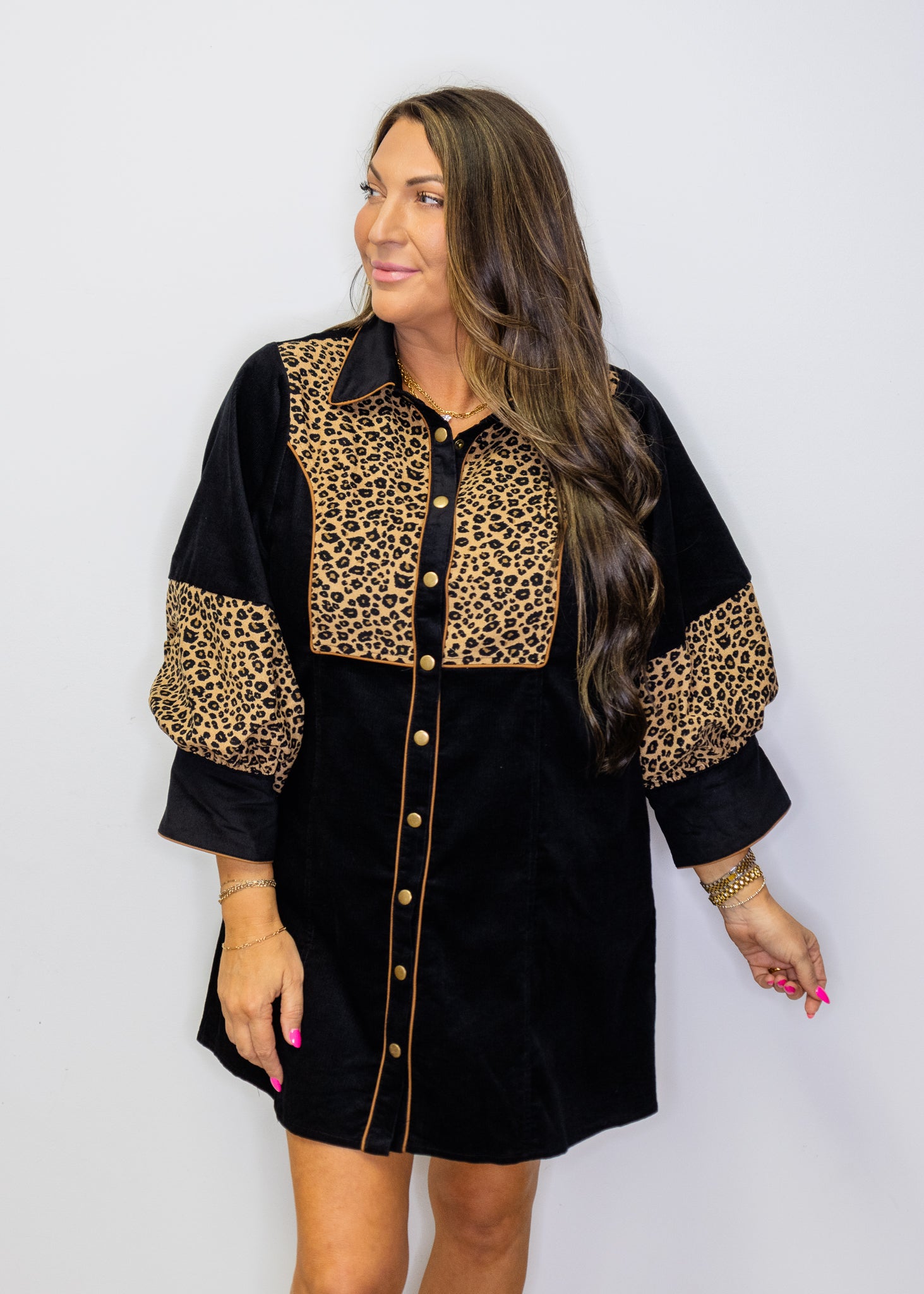 Black Leopard Contrast Corduroy Dress