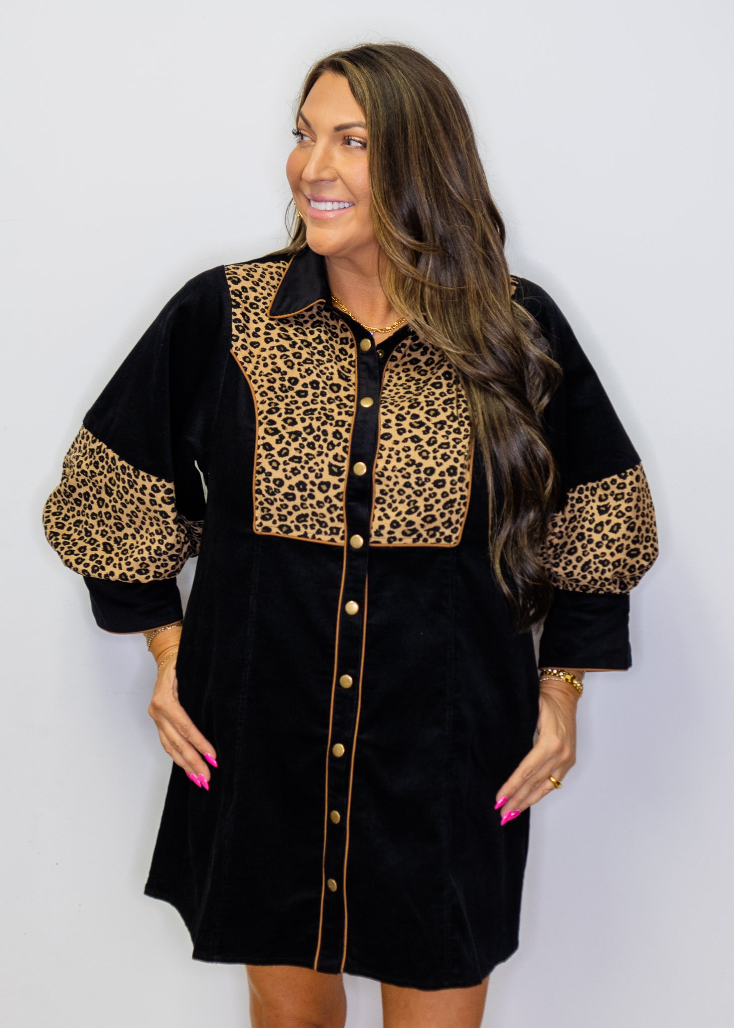 Black Leopard Contrast Corduroy Dress