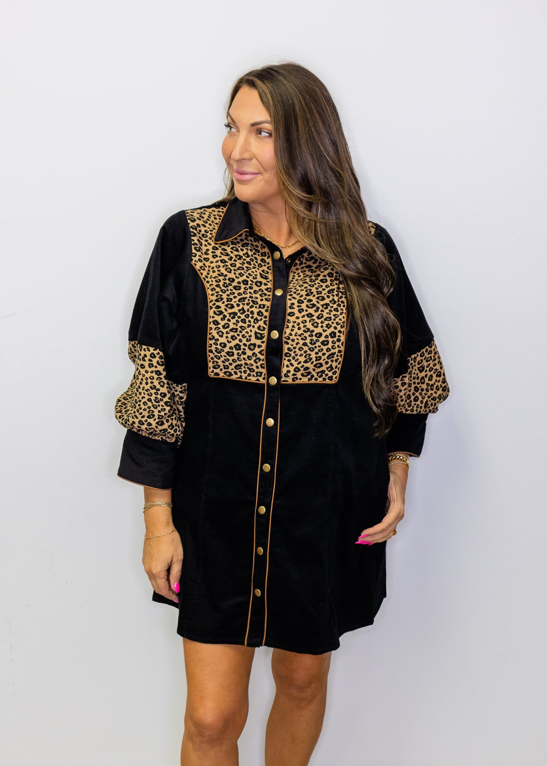 Black Leopard Contrast Corduroy Dress