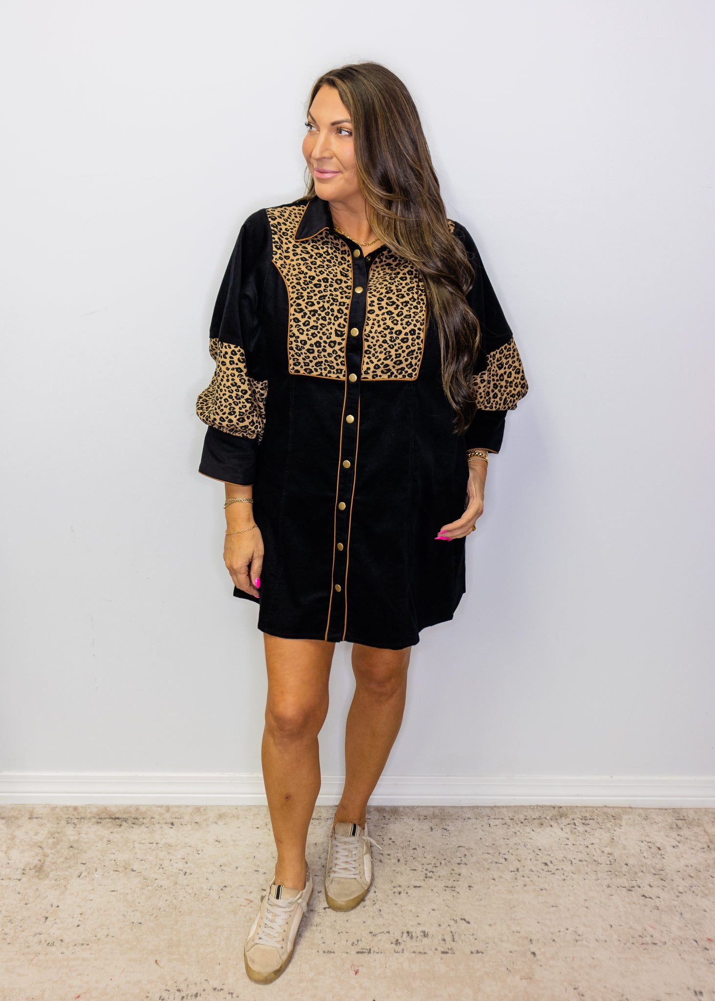 Black Leopard Contrast Corduroy Dress