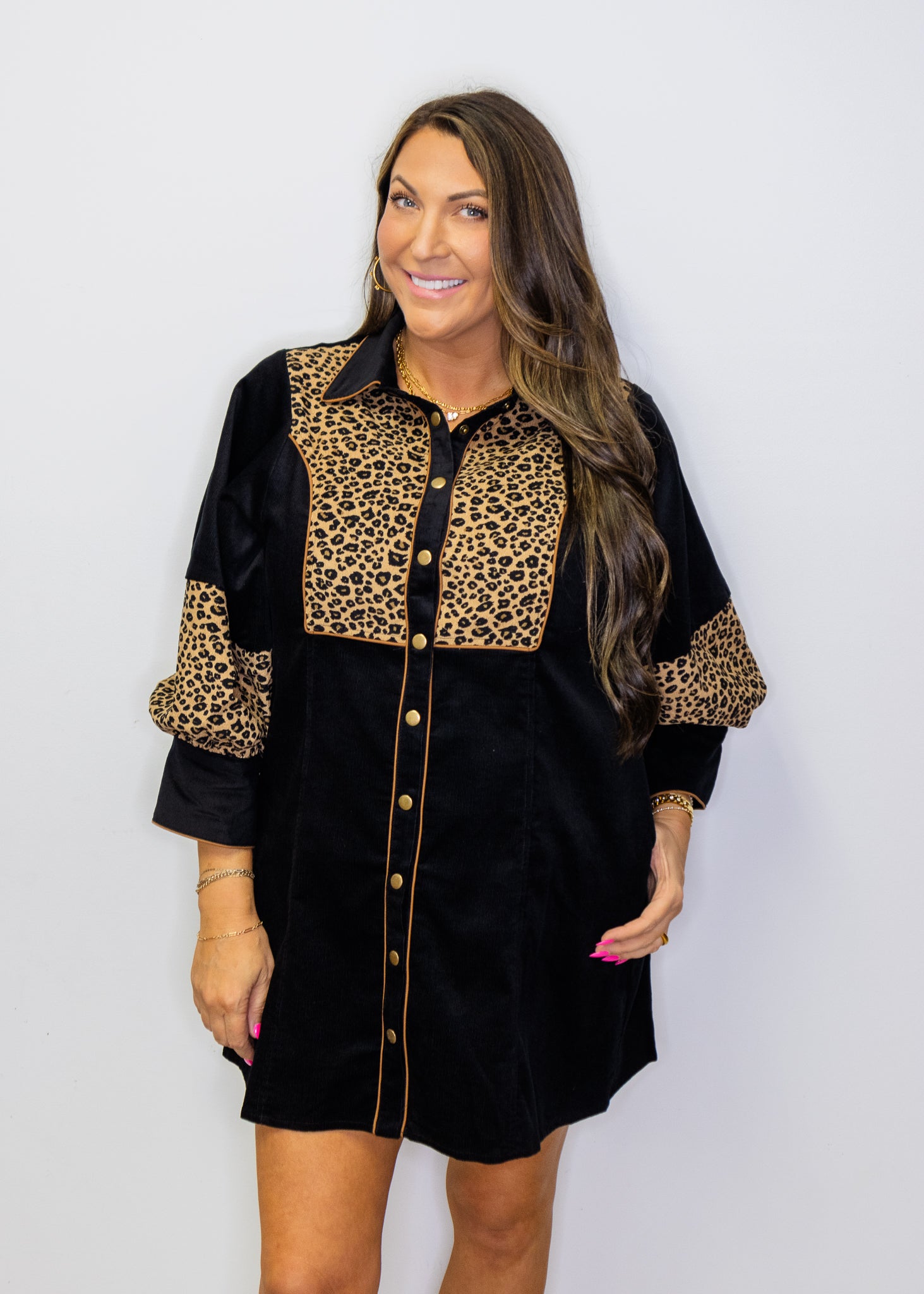 Black Leopard Contrast Corduroy Dress